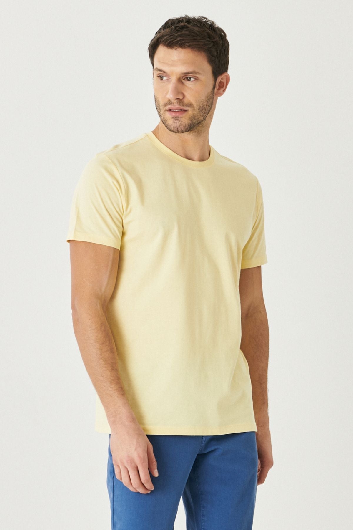 Men's yellow 100 %cotton slim fit narrow cut bike bicycle collar basic t -shirt