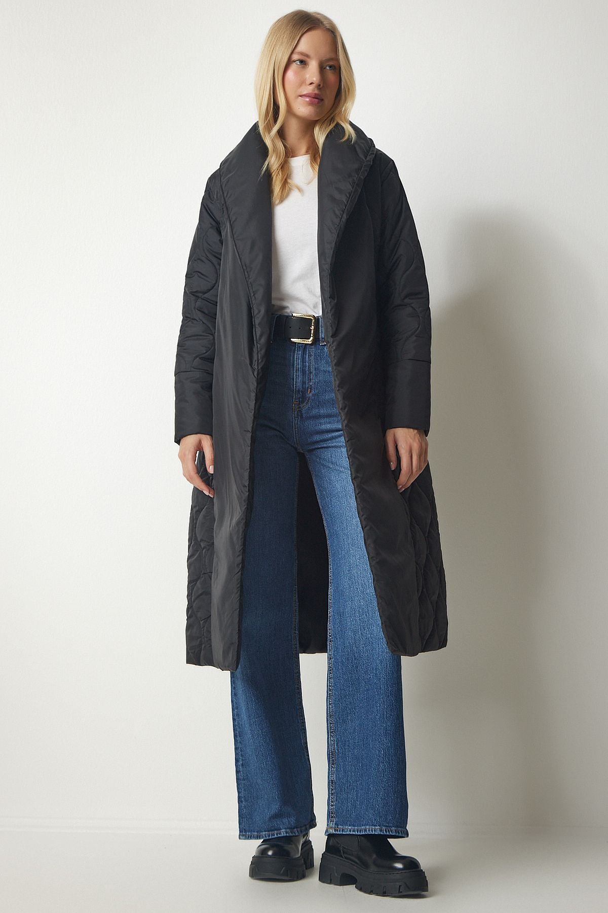 WOMEN'S Black Belt Shawl Kapitone Coat DZ00089