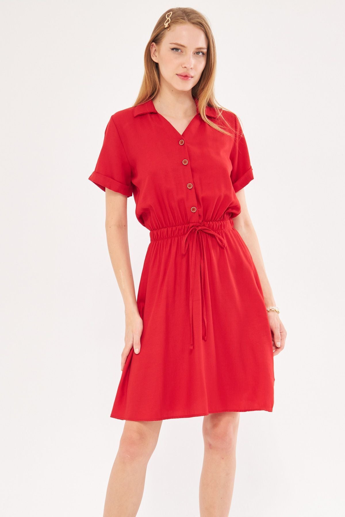 Woman Red Waist Tire Short Sleeve Shirt Dress ARM-23Y001035