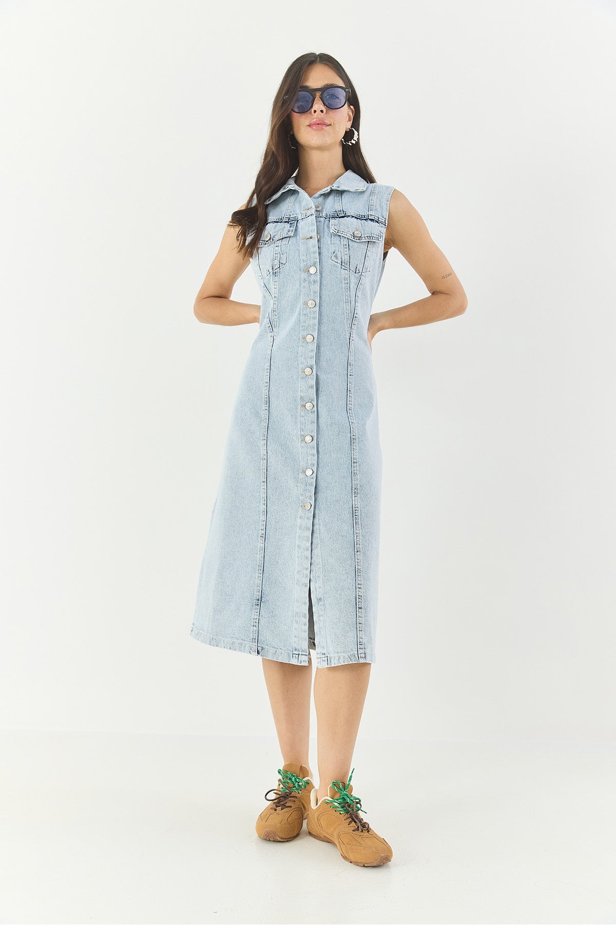 Women's Waist-Fitting, Covered Pockets, Zero Sleeves, Buttoned Denim Dress 3575 60283288