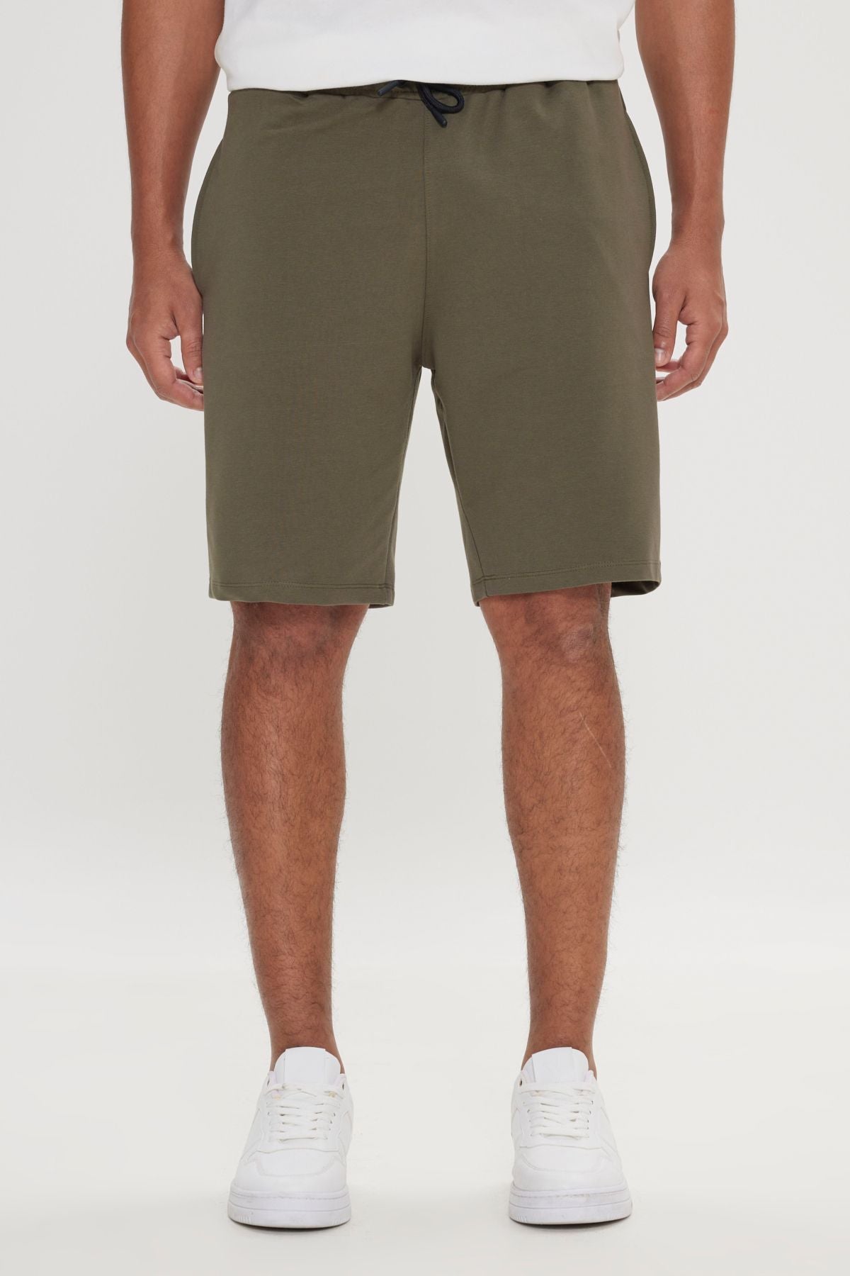 Male Khaki standard fit normal cut cotton flexible knitting shorts