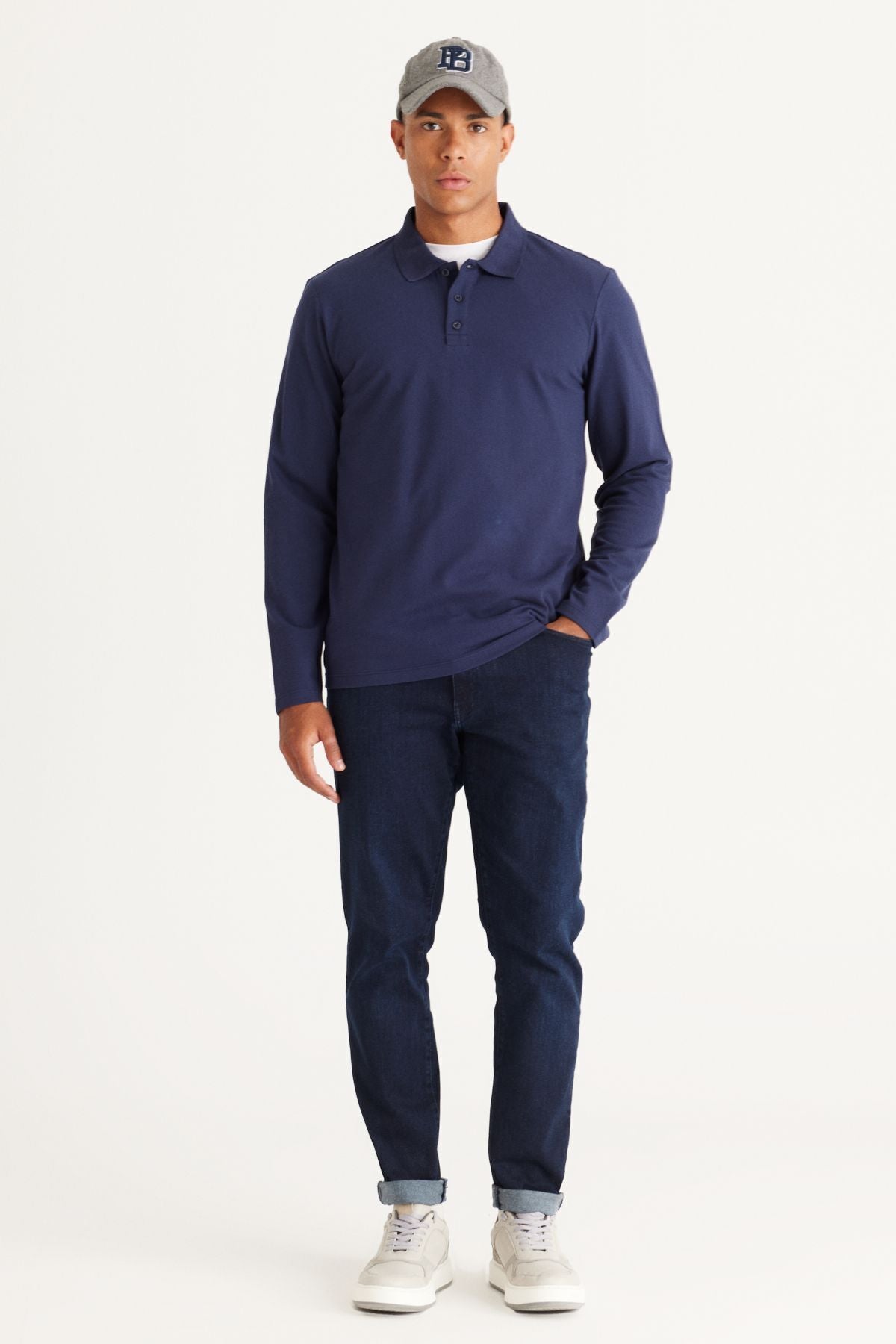 Men's Navy Blue Standard Fit Normal Cutting 3 IP FLOARD 100 %Cotton Polo Yaka Sweatshirt