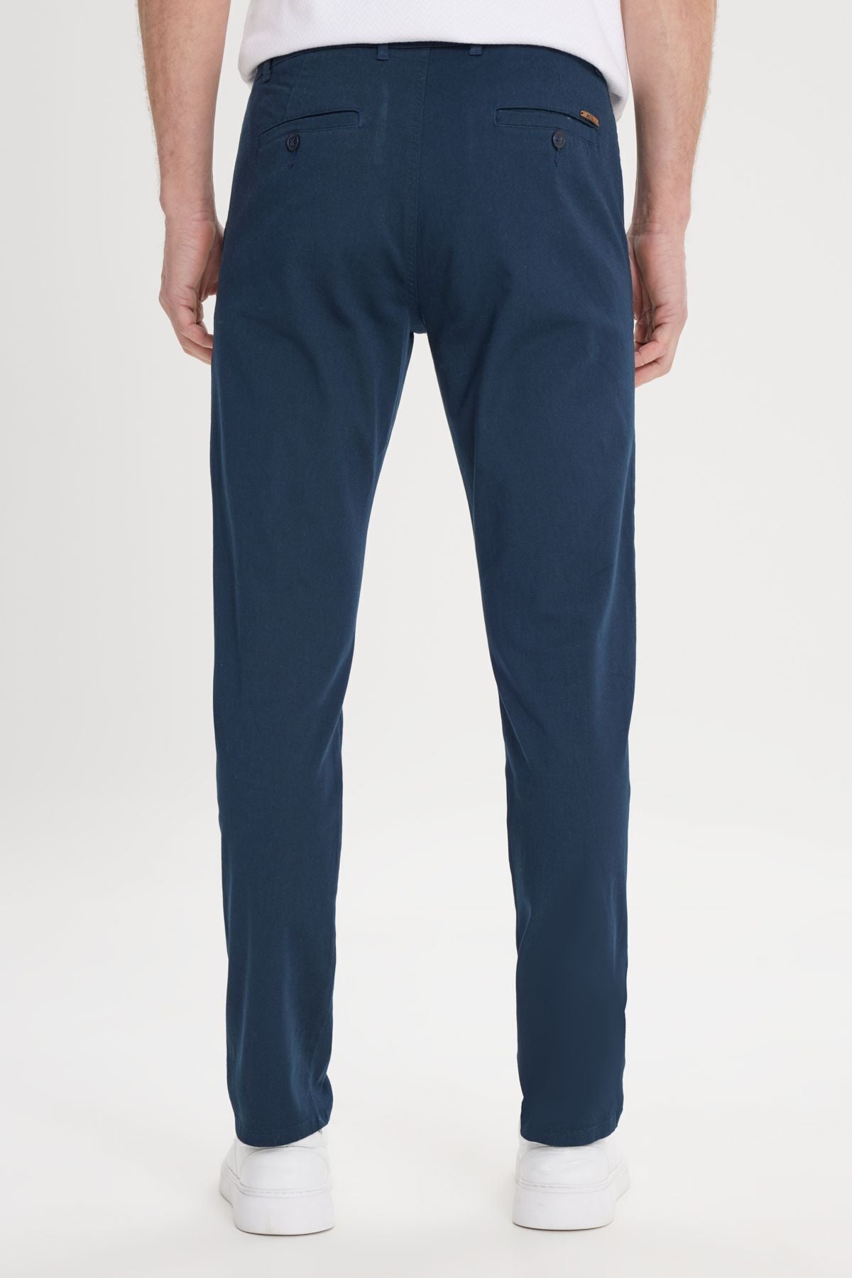 Men's navy blue canvas slim fit narrow cut side pocket flexible chino pants