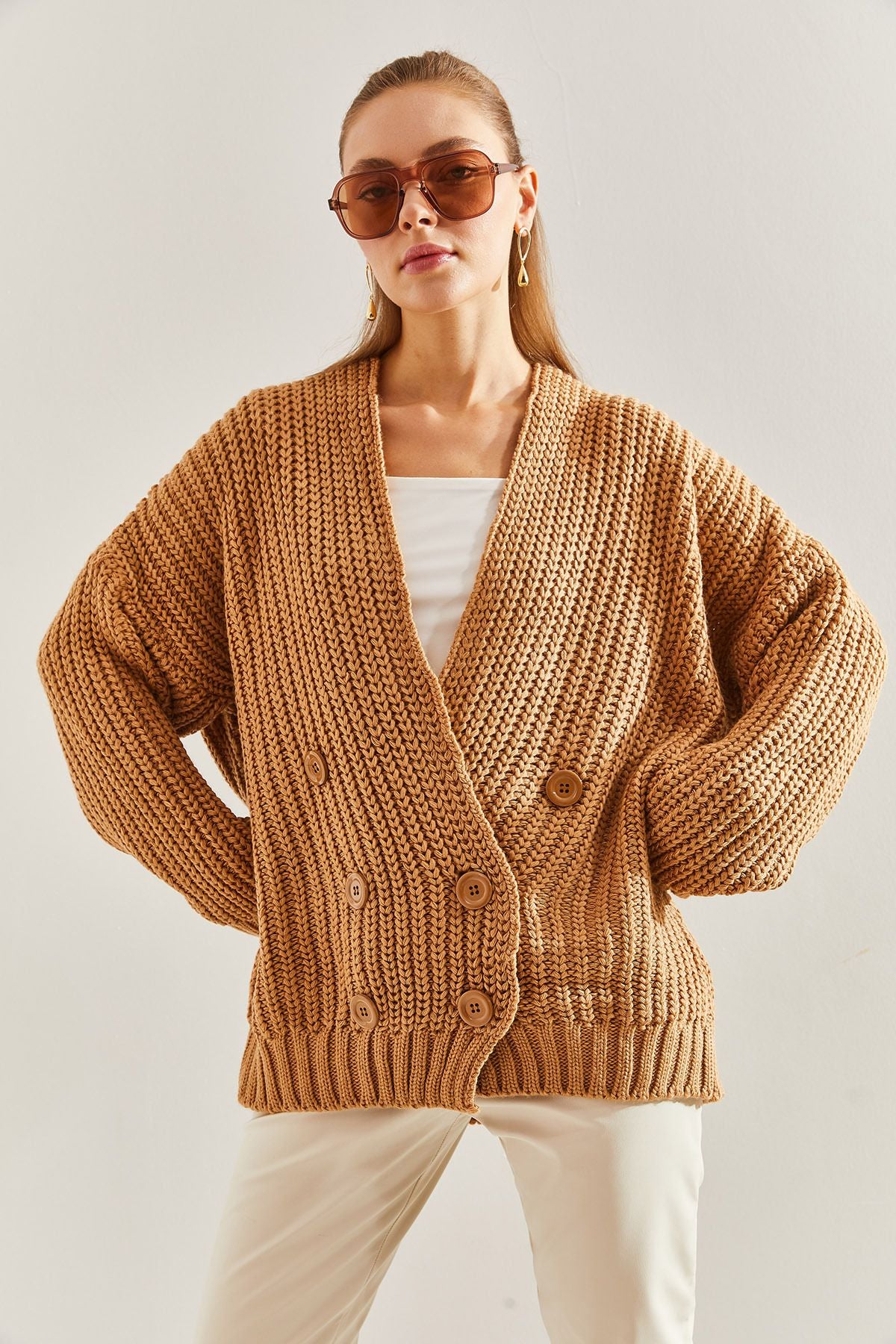 WOMEN'S HEATING BUILDED BUTTON kn button cardigan