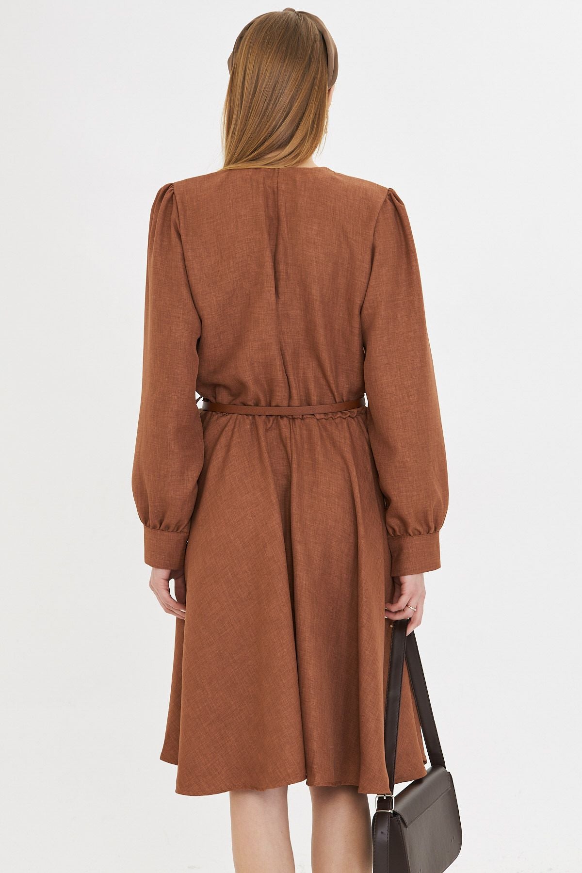 Female coffee zero collar front button arms with headlines arched arched dress Arm-25y001006