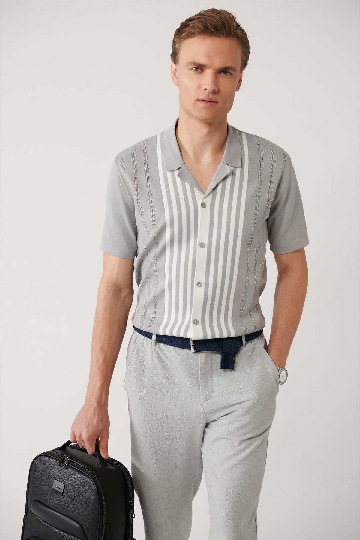 Men's gray akk collar front buttoned striped knitwear T-shirt A41y5054