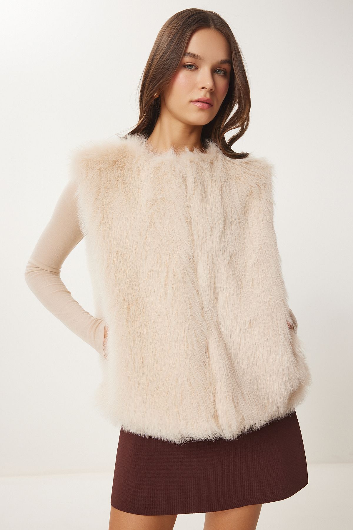 Women's Cream Artificial Fur Vest YL00004