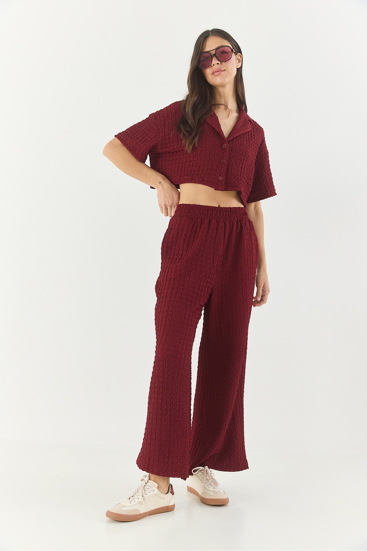 Women's Seersucker Crop Jacket Bottom-Top Set with Elastic Waist High Waist Trousers 9313 60281043