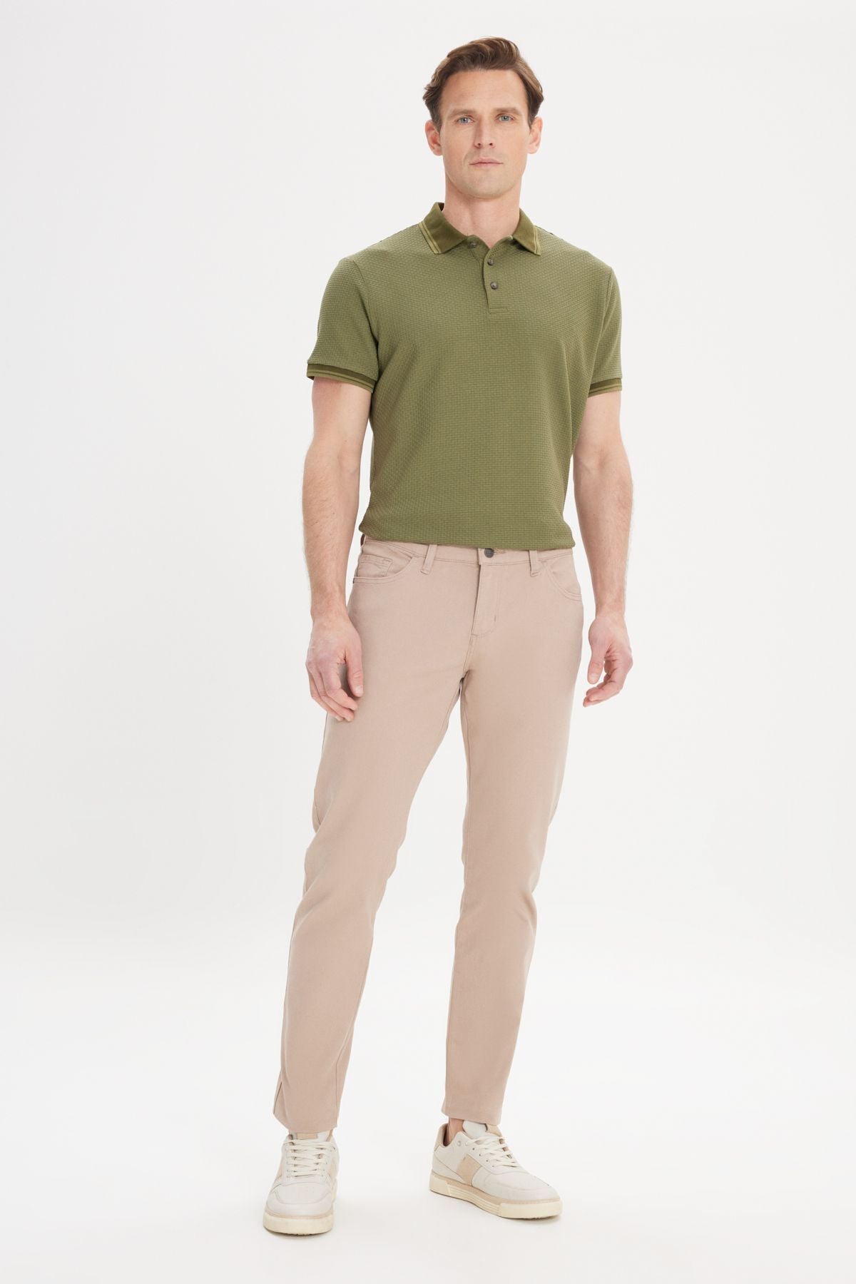 Men's Beige Slim Fit Narrow Cut 5 pocket cotton canvas flexible chino pants