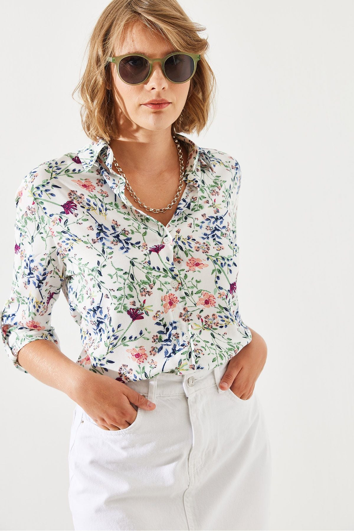 Women's Arm Folding Flower Patterned Shirt 60251778