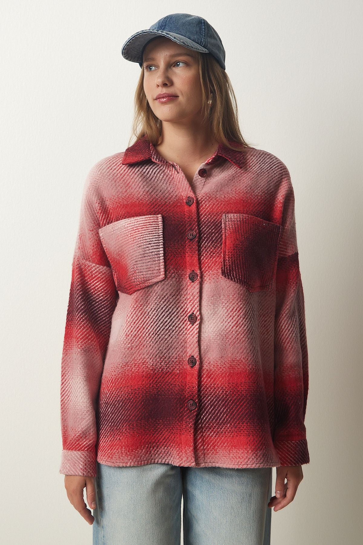 Woman Red Woody Oversize Stamp Shirt Jacket TU00035