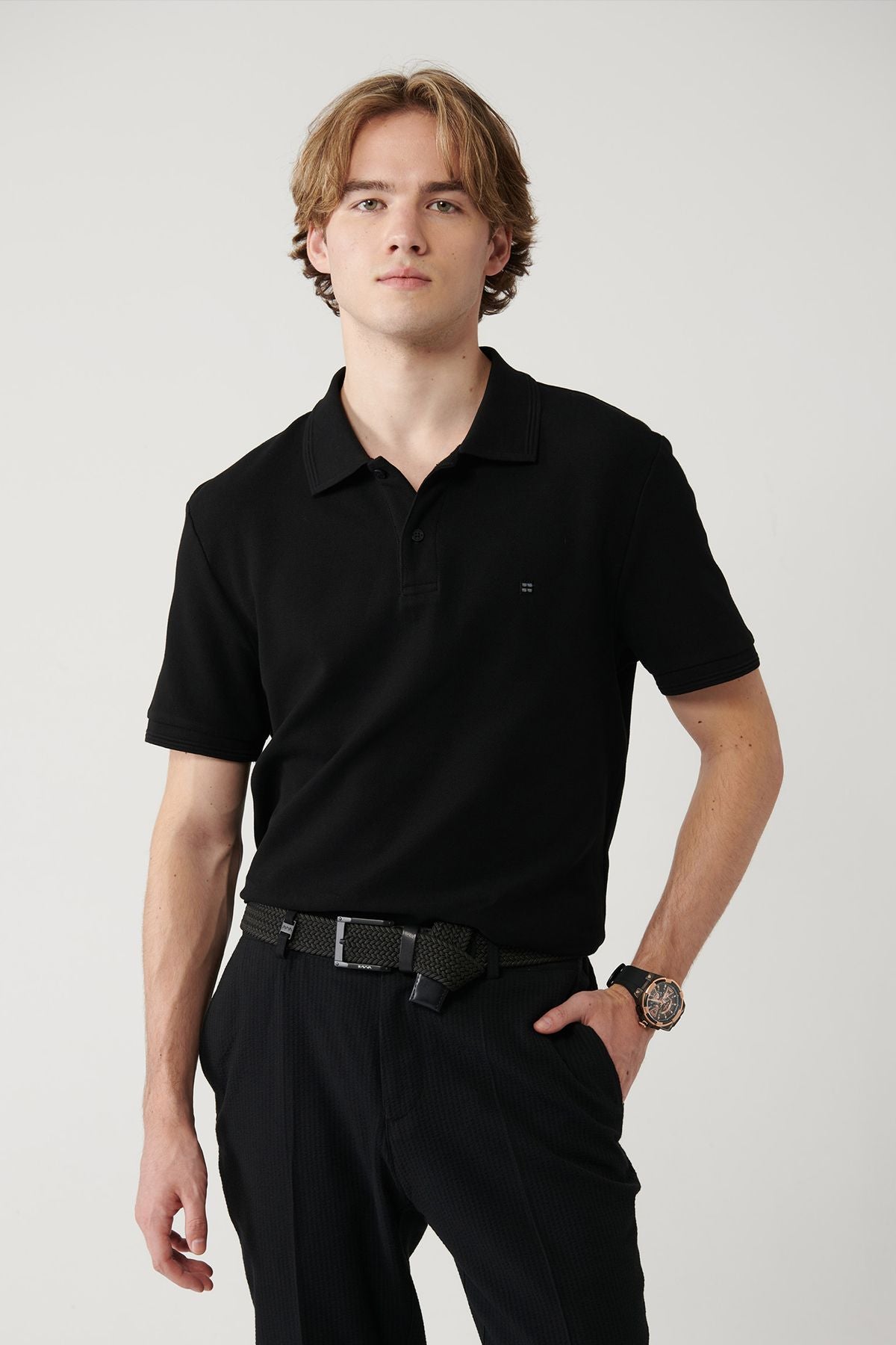 Men's black 100 %cotton fast drying polo collar T-shirt B001032