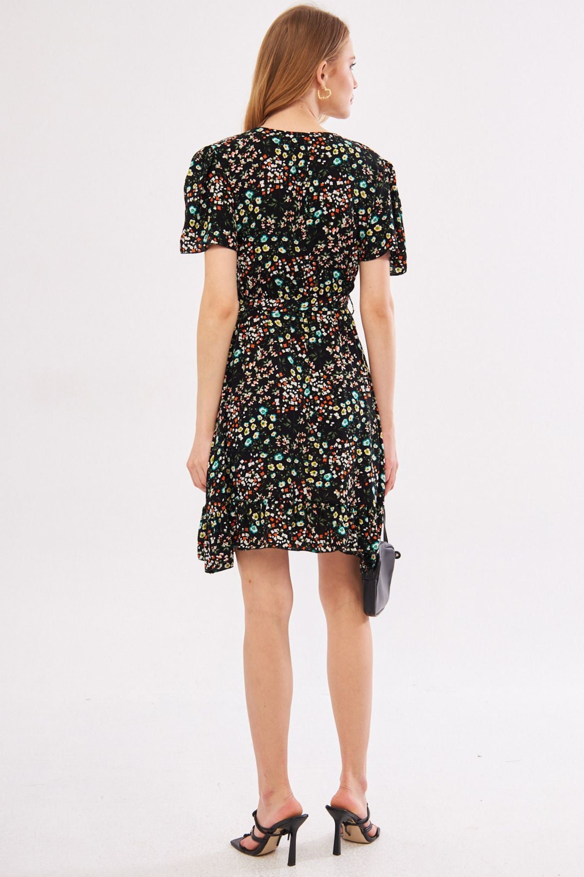 Female Black Tessera Dress Cruve Collar Skirt Ruffed Patterned Mini Size ARM-24Y001024