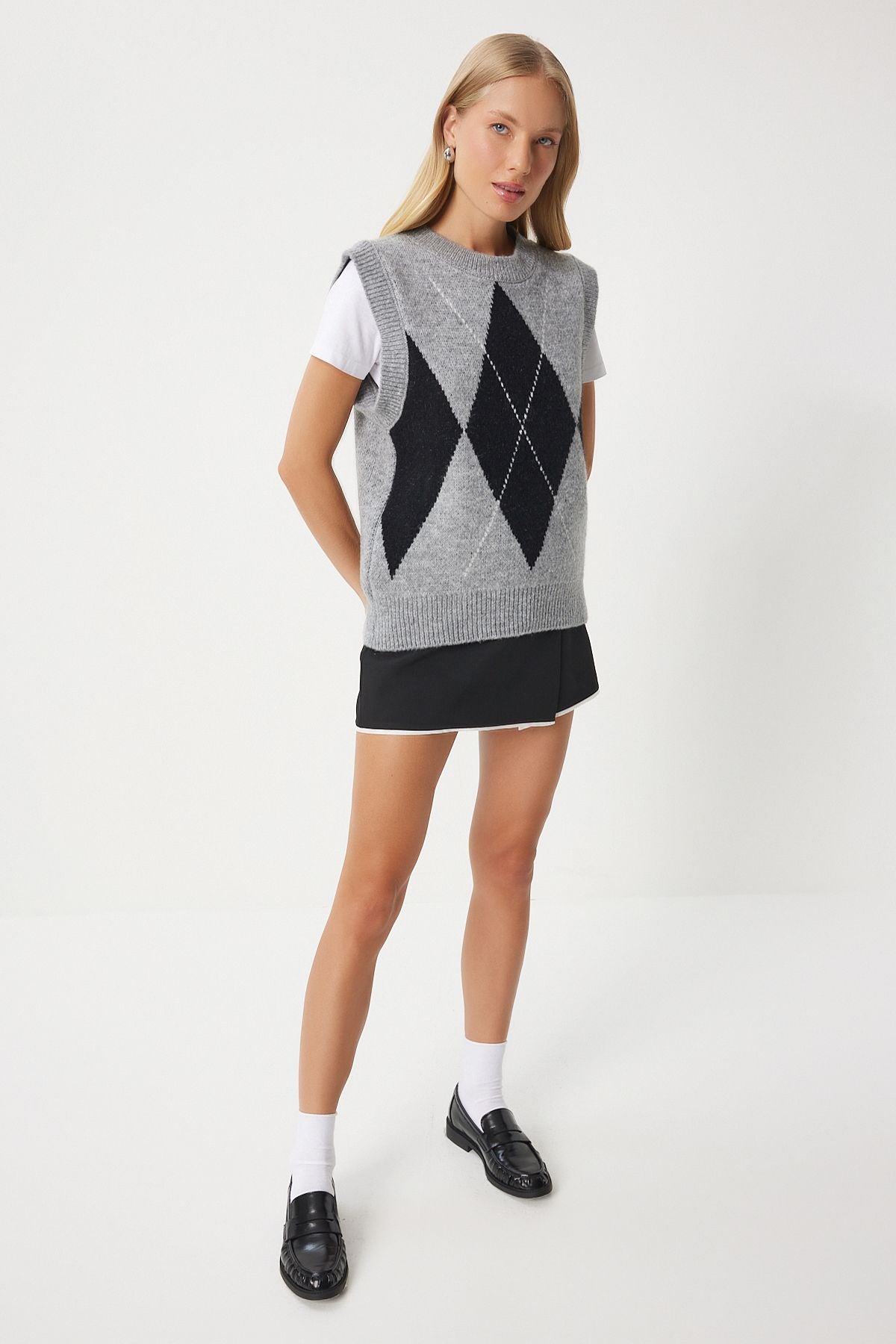 Women's Gray Baklava Patterned Triko Süveter AN00211