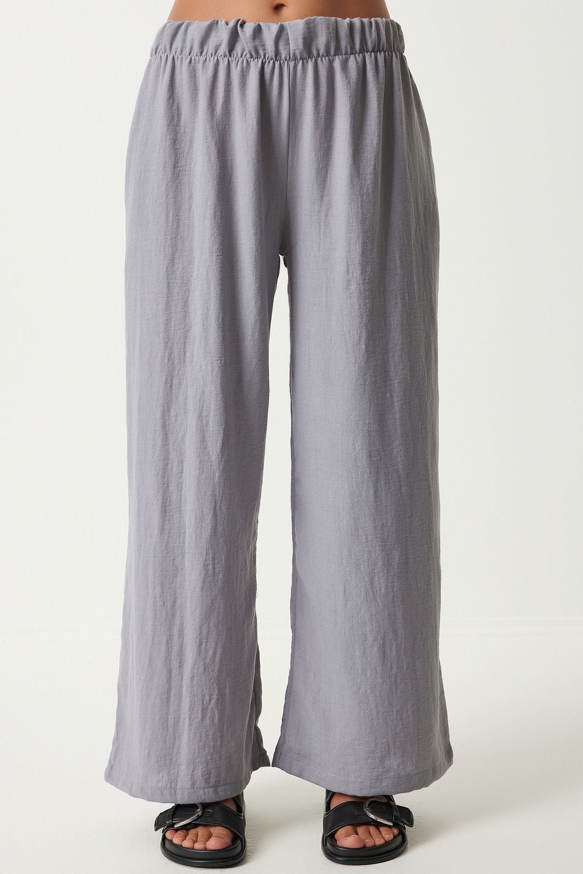 Women's gray wide pocket linen mixed shirt pants set FN03205