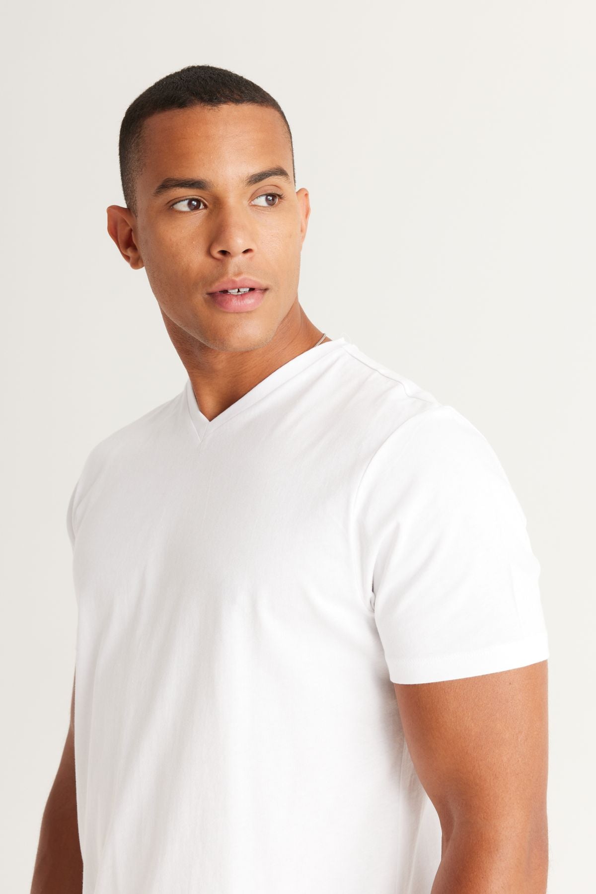 Men's White-White 2 V-neck 100 %Cotton Slim Fit Narrow Cut Basic T-shirt