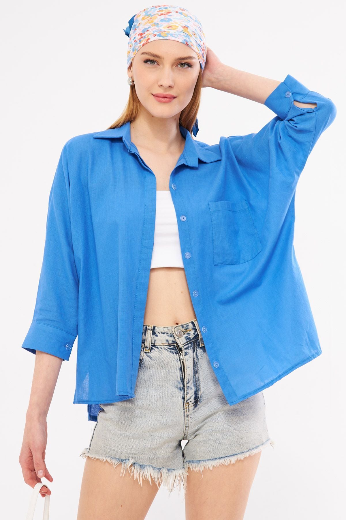 Female Aviator Blue Pockets Shabby Linen Shirt ARM-21Y001035