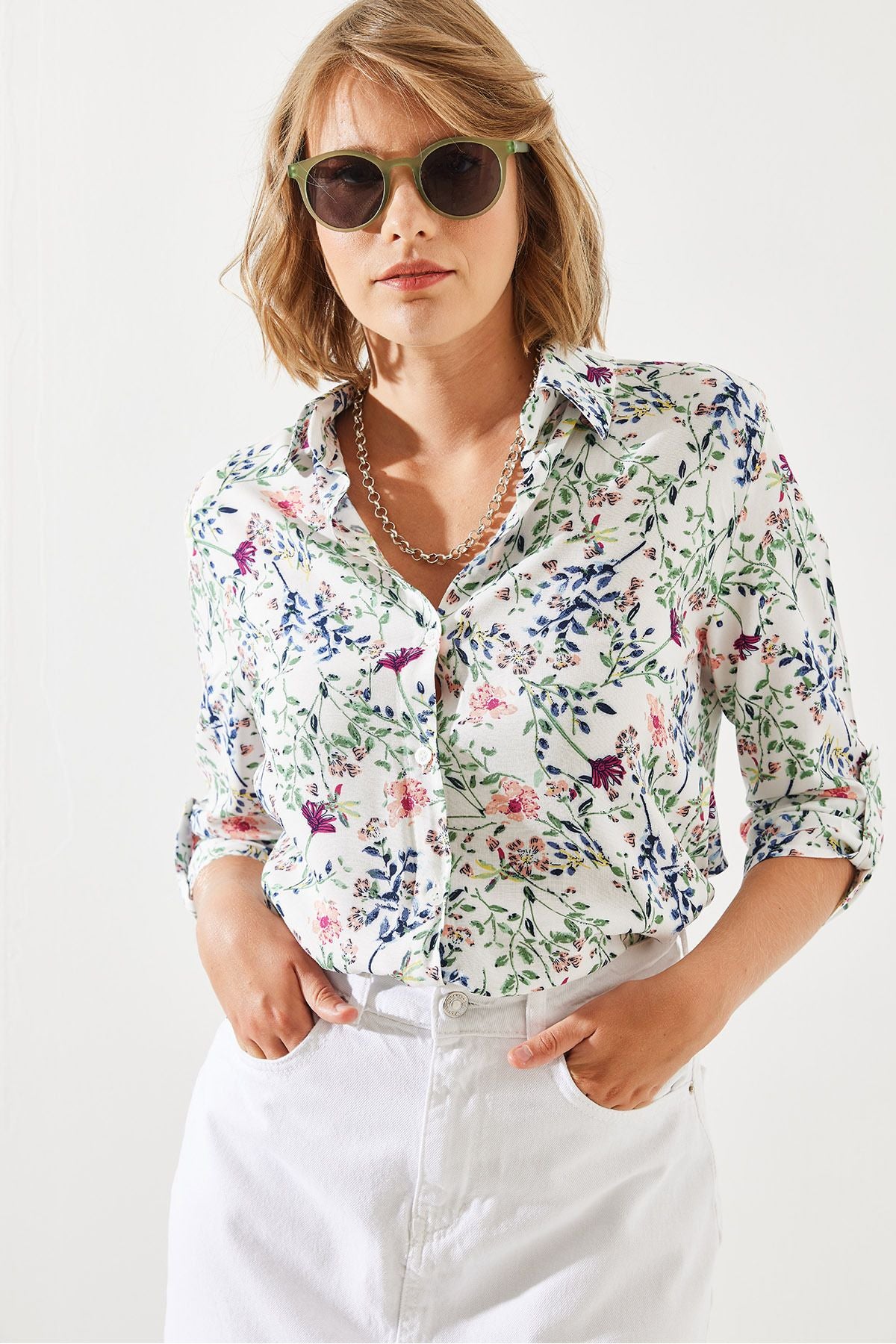 Women's Arm Folding Flower Patterned Shirt 60251778