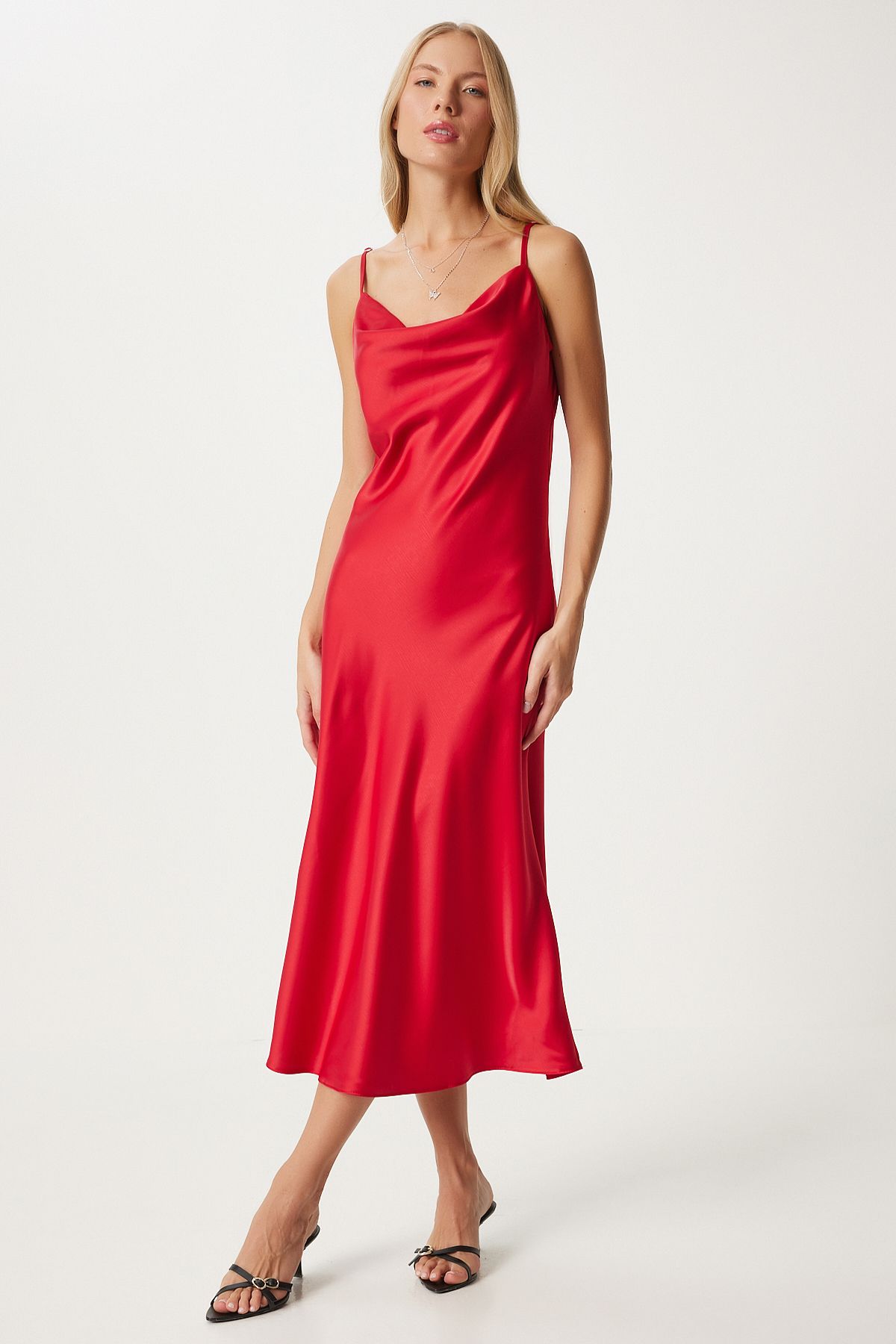 Woman Red Degage Yaka Satin Surface Dress FN03300