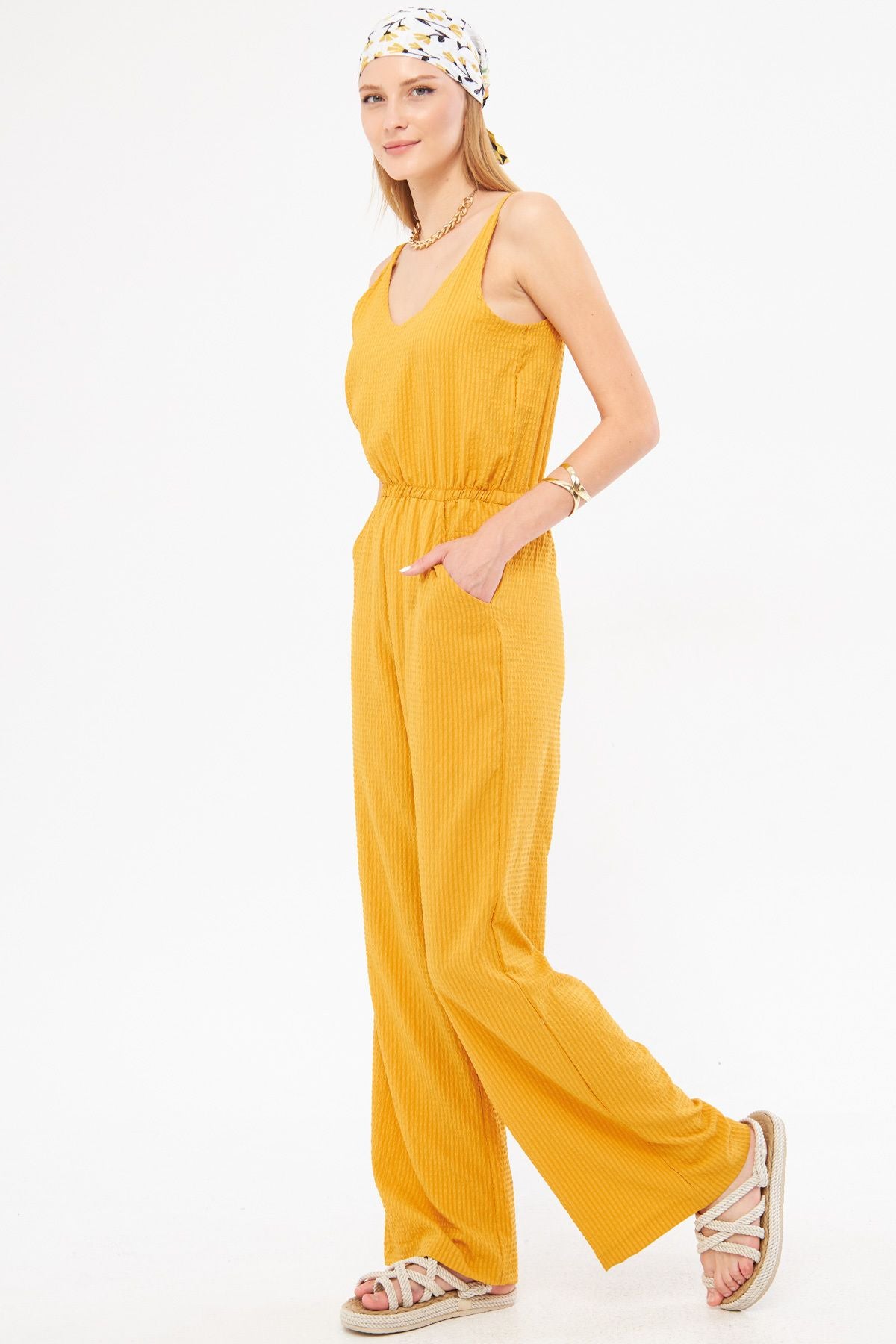Female mustard front rear V-neck strap waist lined with lined lined overalls ARM-24Y001100