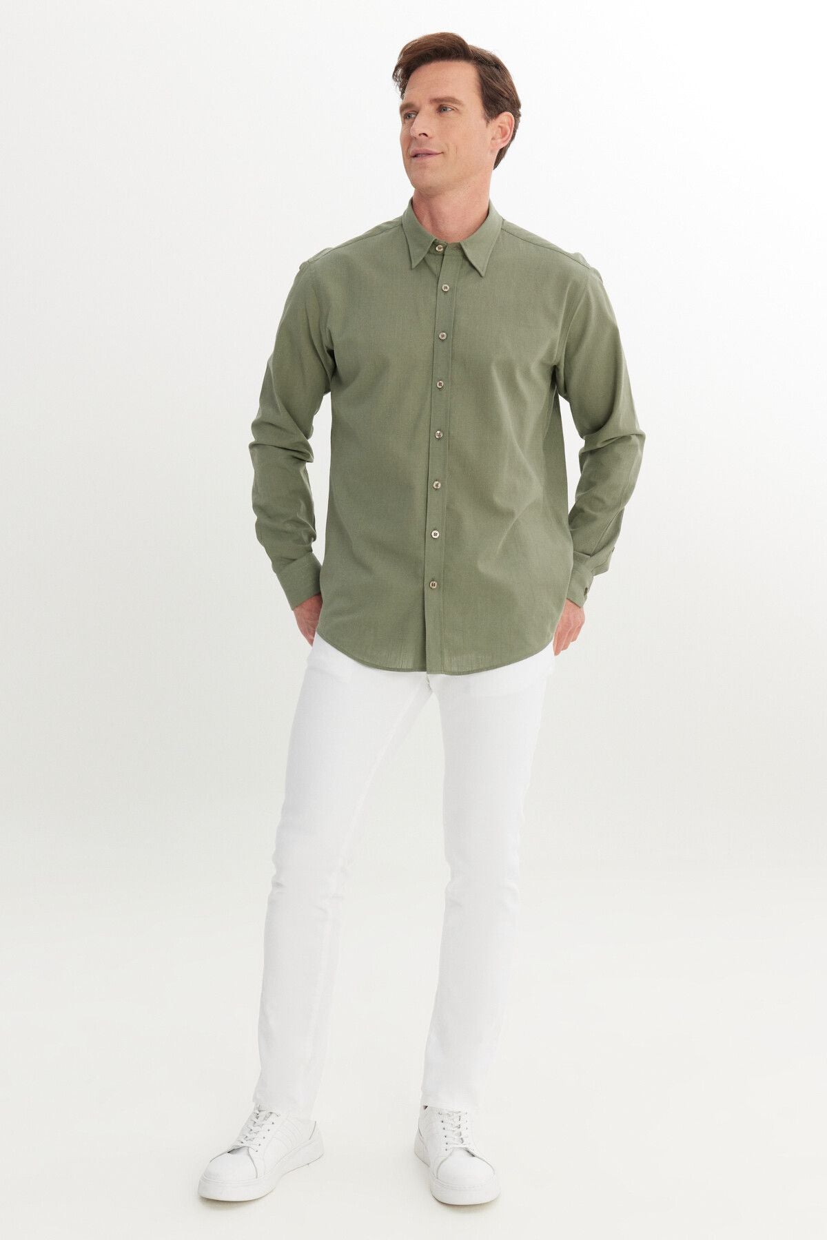 Men's Khaki Comfort Fit Casual Cut Hidden button collar 100 %cotton pennant shirt