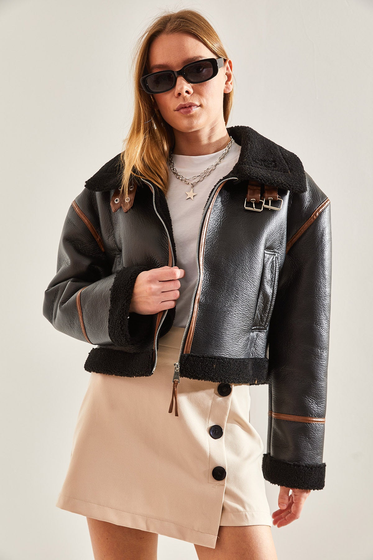 Women's Collar Belted Laminated Jacket 2289