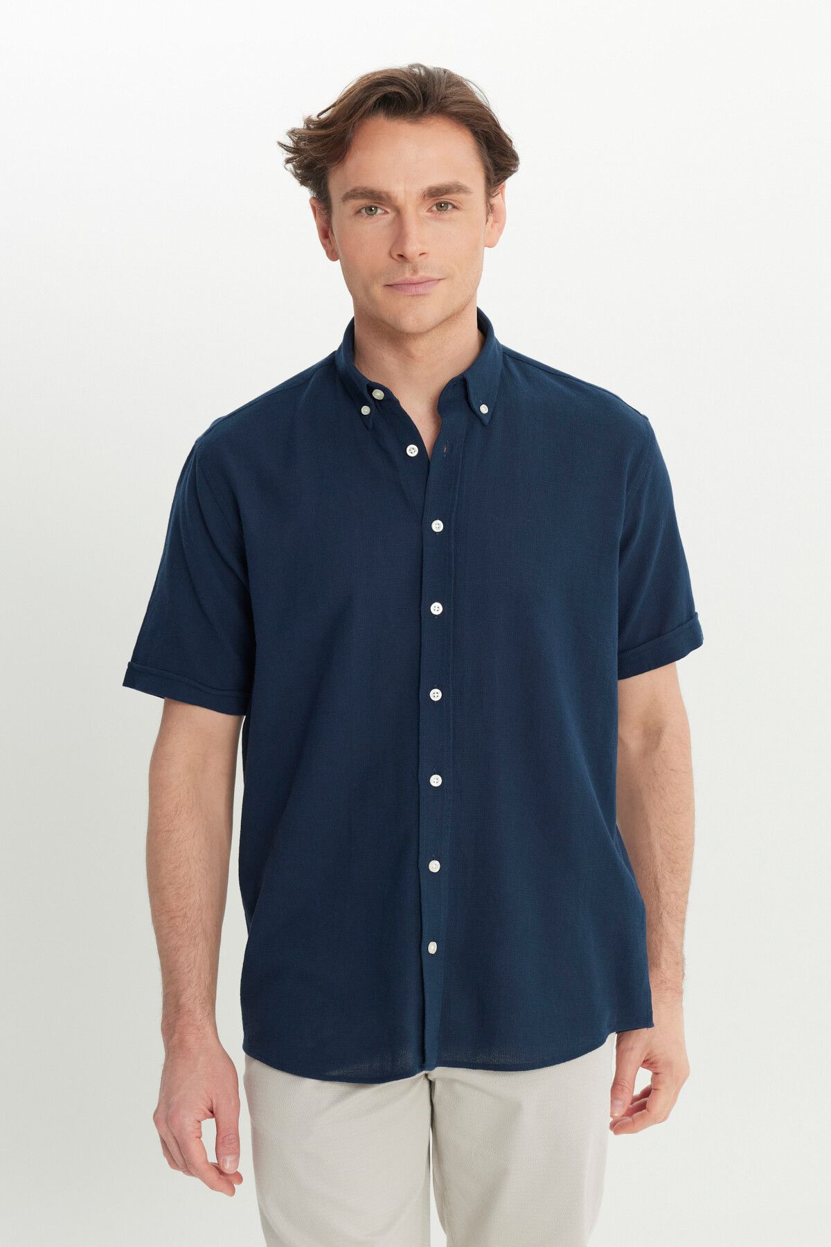 Men's Navy Blue 100 %Cotton Comfort Fit Fit Fit cut buttoned shirt collar Amesty shirt