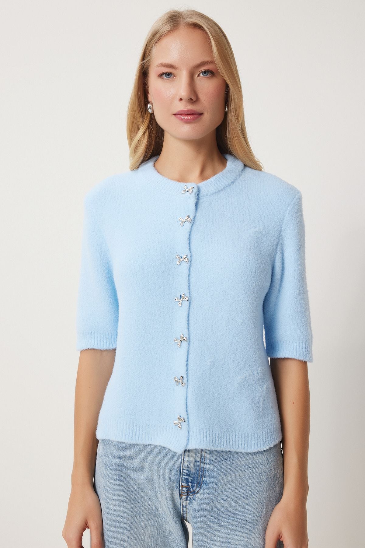 Woman Sky Blue Stylish Bow Button Triko Cardigo DP00219