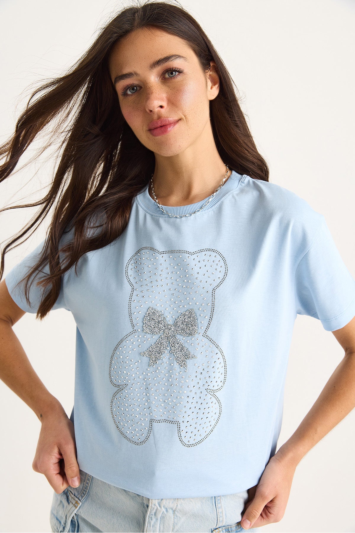 Women's Teddy Ribbon Detailed Stone T-Shirt 60602035