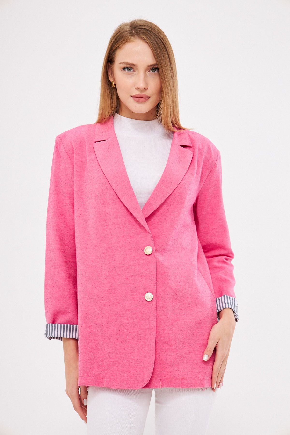 Women's Fuchsia Cruve Collar Folding Detailed Oversize Preddy Blazer Jacket ARM-25K001015