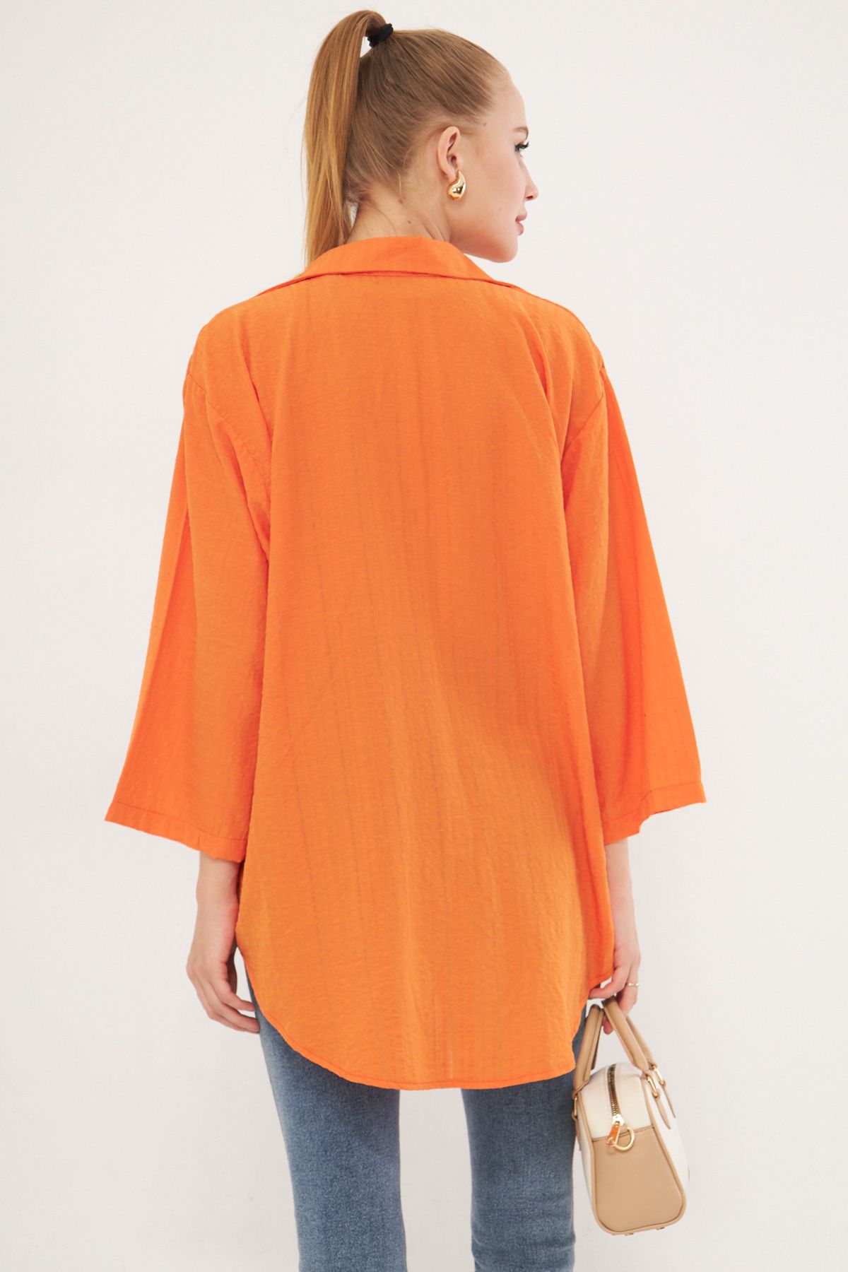 Women's Orange Shirt Collar with Lacked Kimono Shirt ARM-25K001006