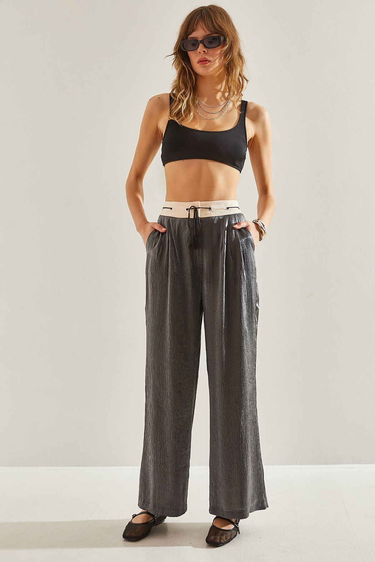 Female Baglama Rope Detailed Yüksel Bel Jacquard Palazzo Pants 60251119