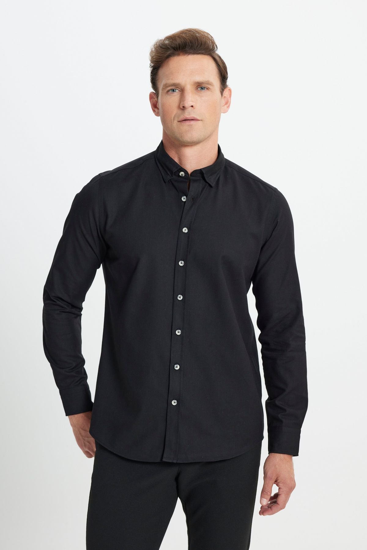 Men's black flannel oxford winter slim fit narrow cut buttoned button shirt