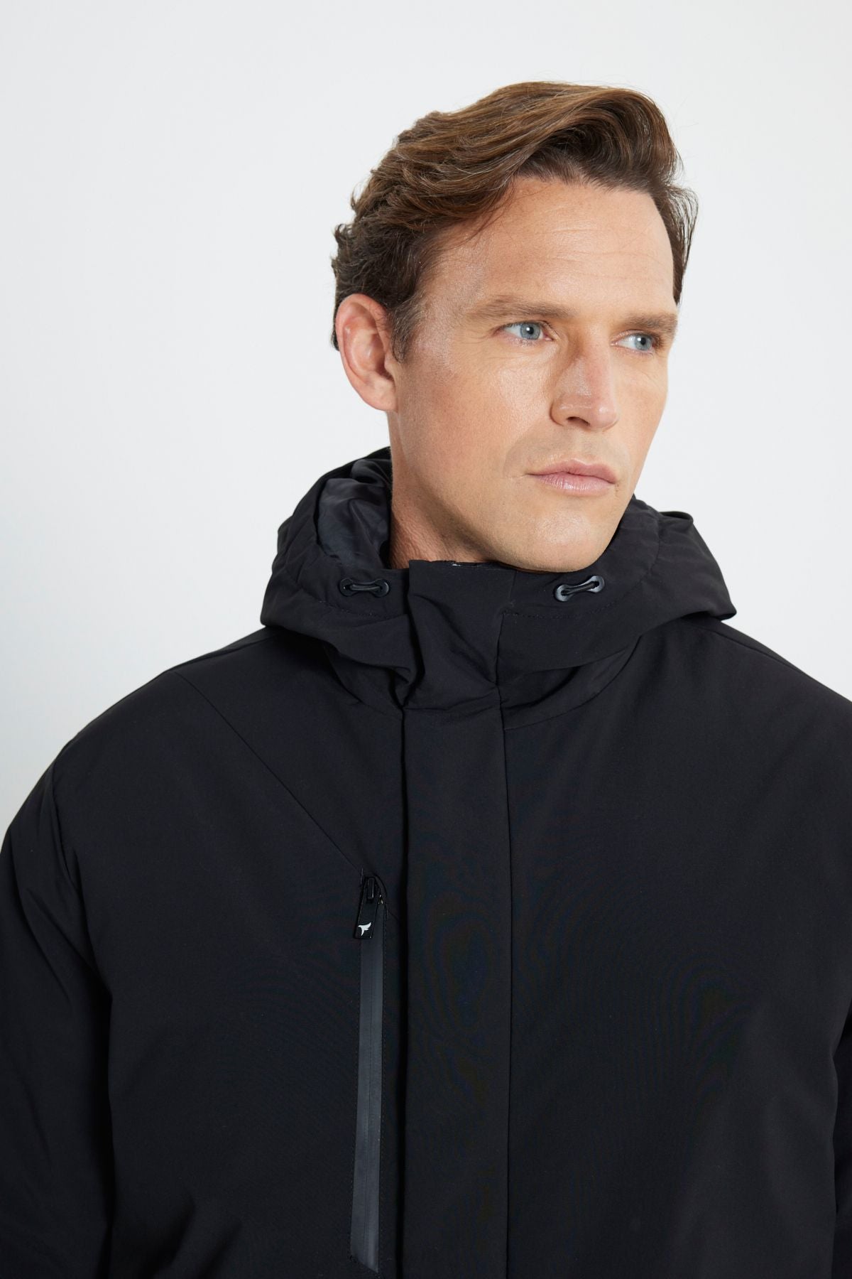 Men's black hooded upright collar standard fit hot winding windproof coat