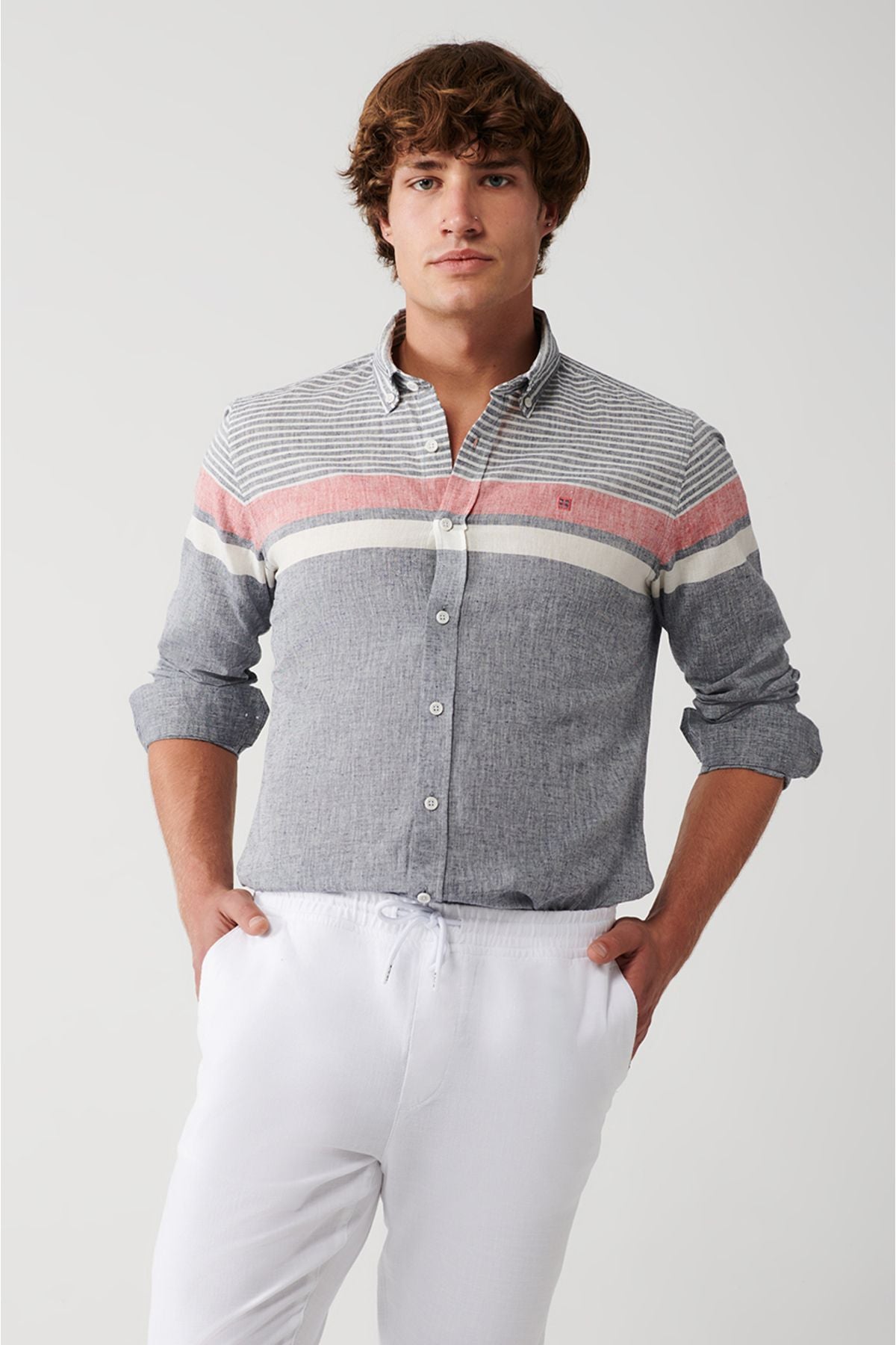 Men's navy blue cotton linen mixed striped shirt A31y2264