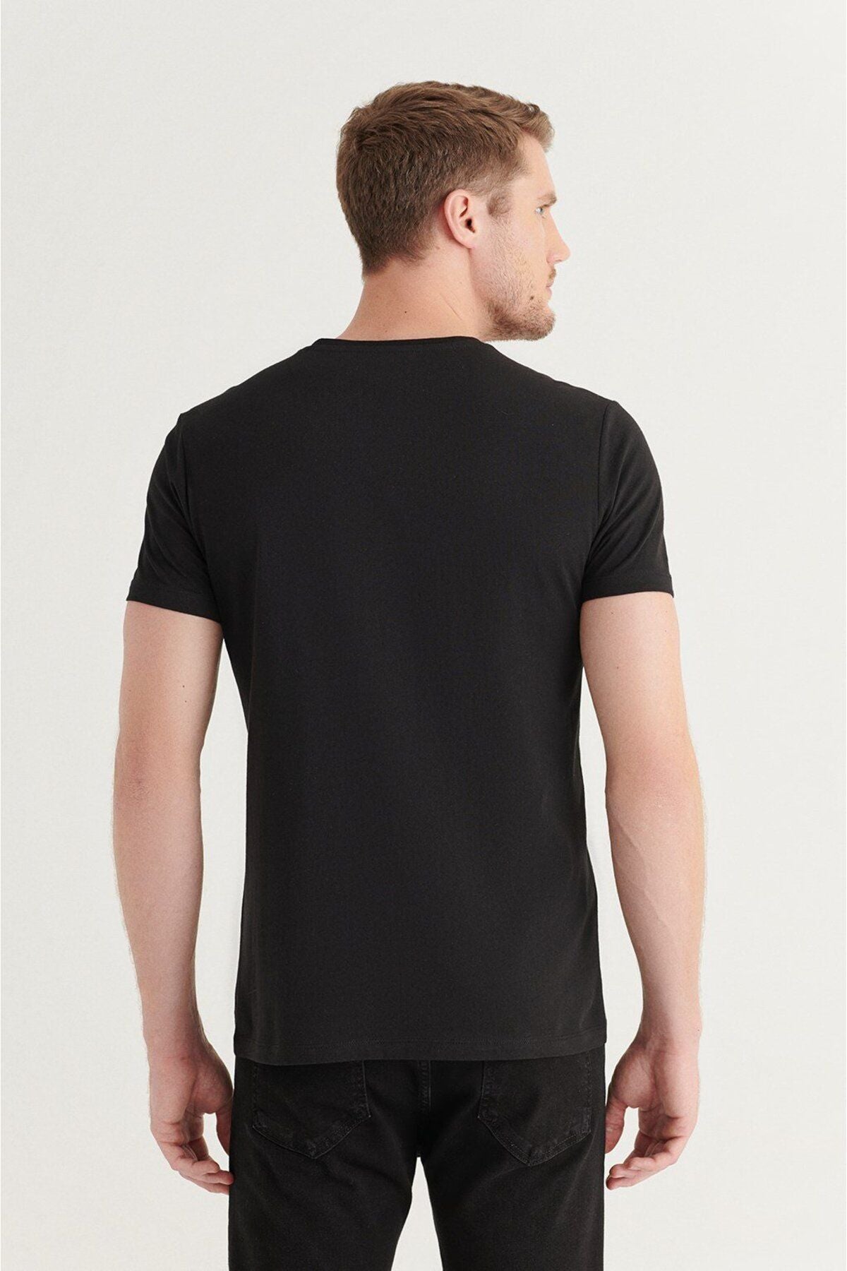 Men's black 100 %cotton V-neck T-shirt E001001