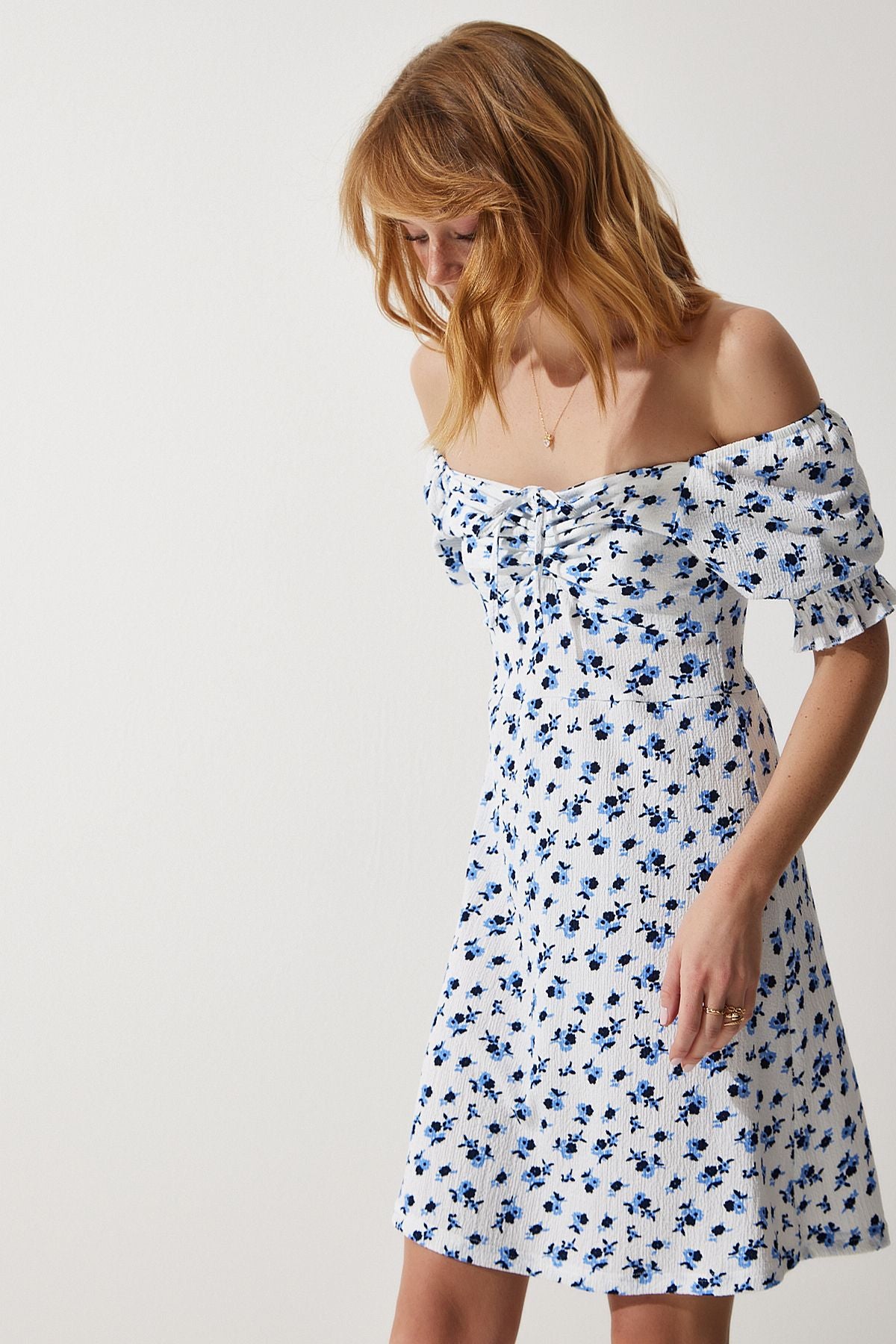 Woman White Shirred V -Neck Patterned Knitting Dress ZV00267