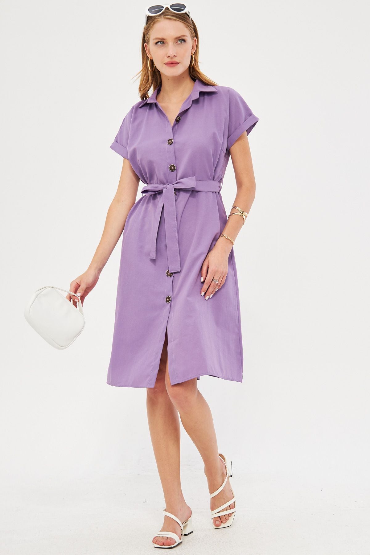 WOMEN'S LIL LIL WAST Belt Short Sleeve Shirt Dress ARM-19Y001068
