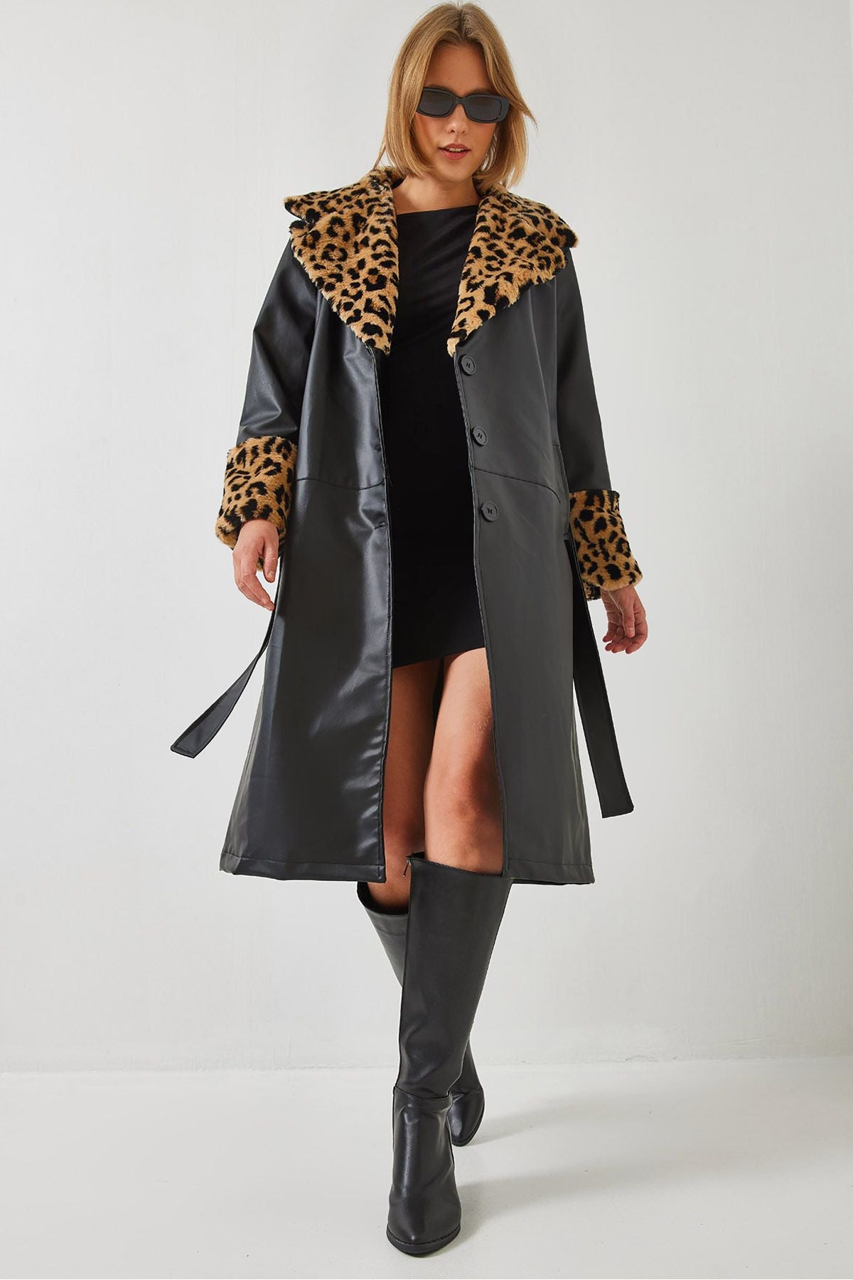 Women's collar and arms leopard fur leather trench coat 3103 60351269