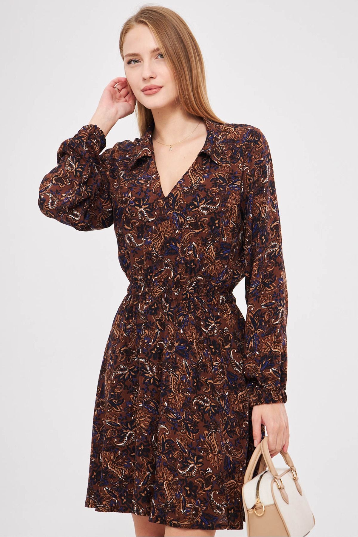 Women's coffee shirt collar detailed waist handle rubber dress with rubber dress ARM-25K001043