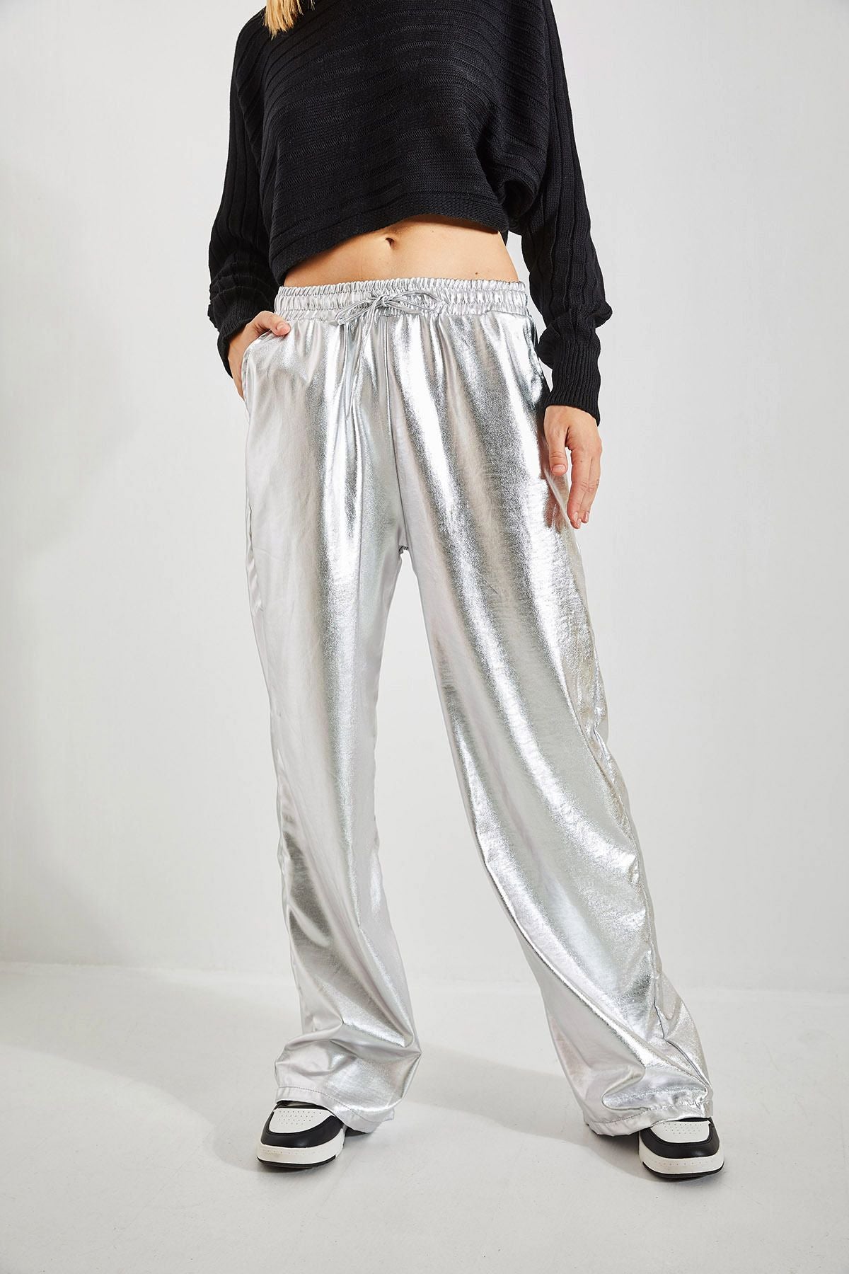 Women's waist rubber palazzo metallic coated pants