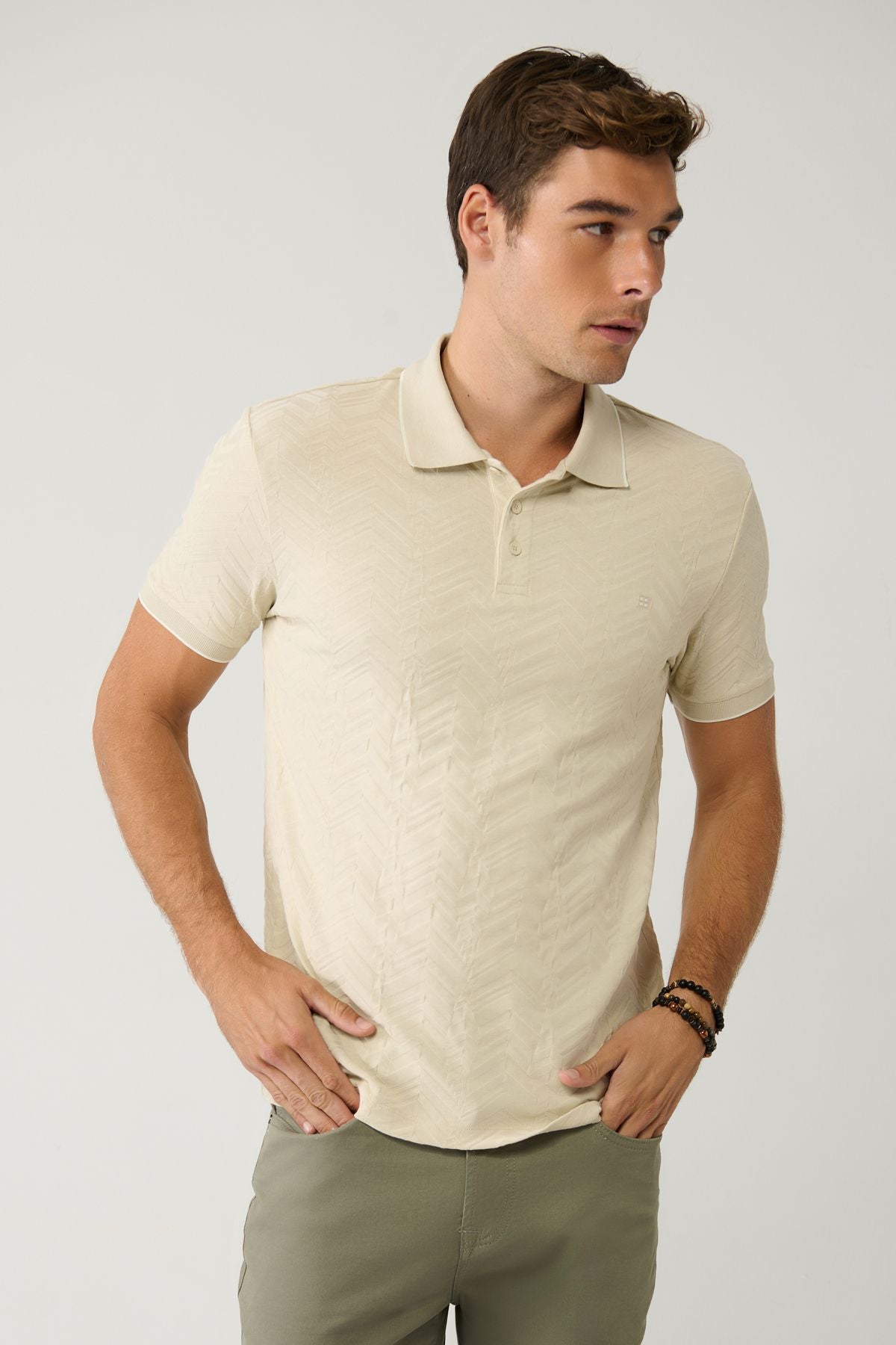 Men's Beige 100 %Cotton 3 Buttoned Jacquard Polo Yaka T-Shirt A41y1147