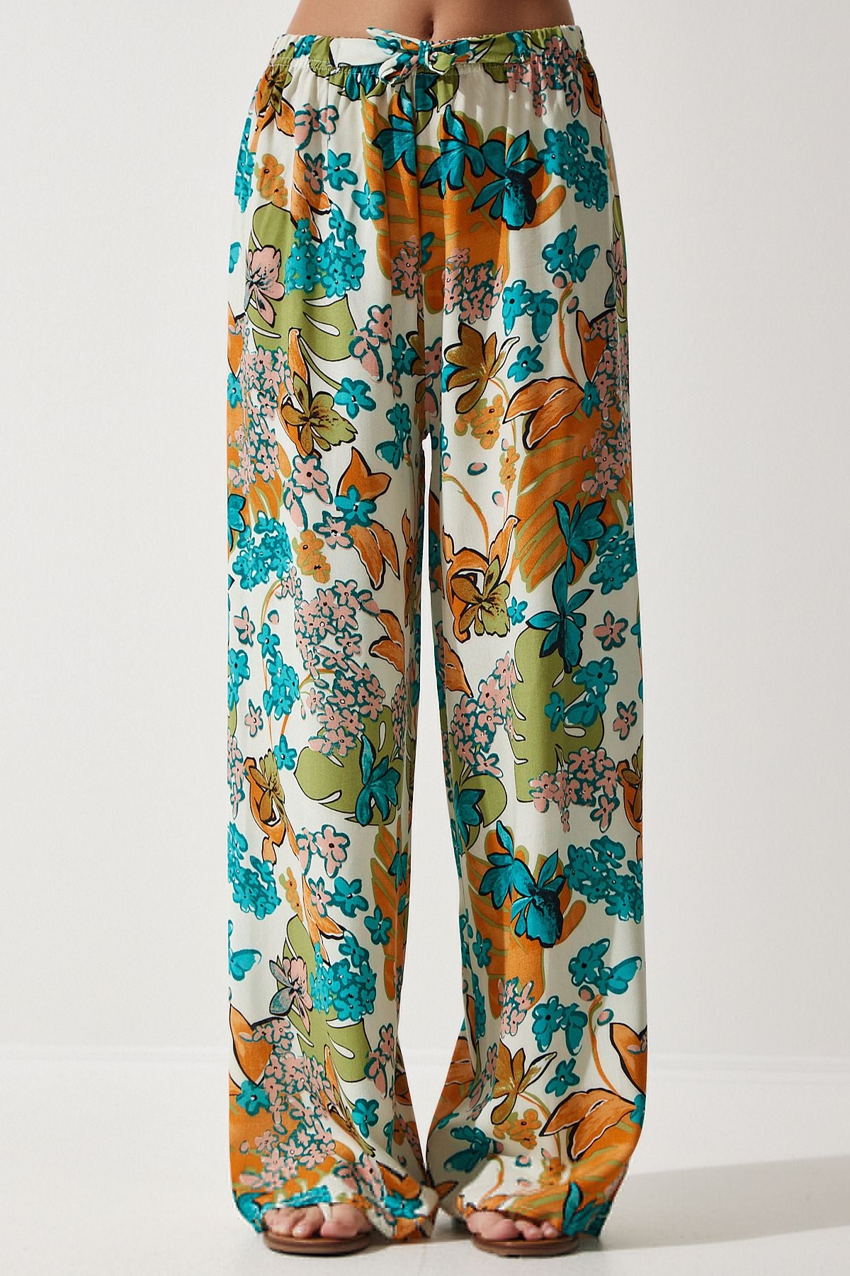 Woman Ecru turquoise patterned Viscose Palazzo Pants EN00606