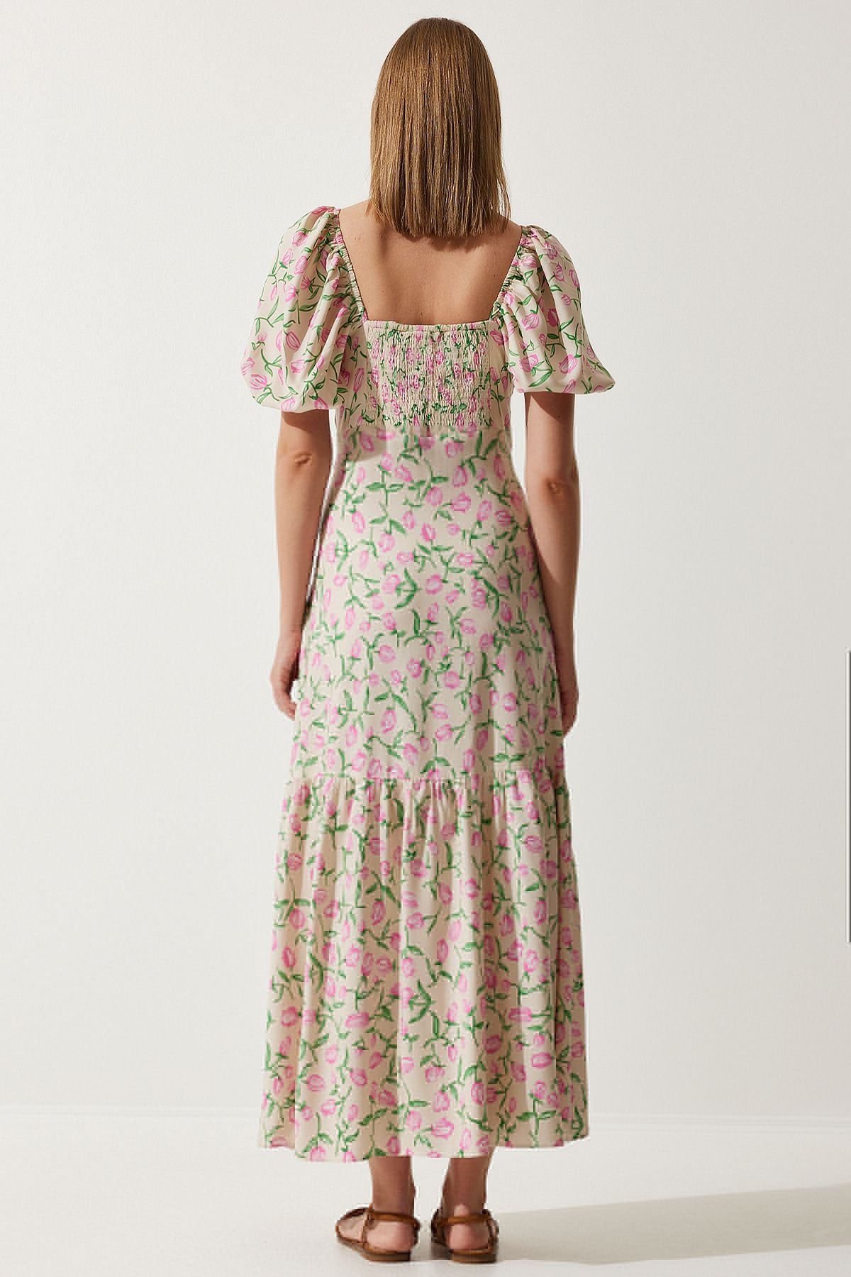 Female Beige Pink Patterned Balloon Sleeve Summer Viscose Dress FN03177