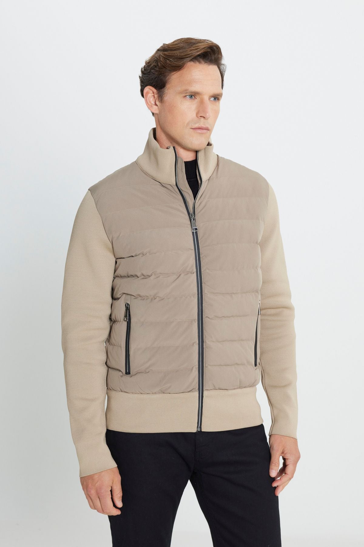 Men's beige standard fit normal cut upright collar coat