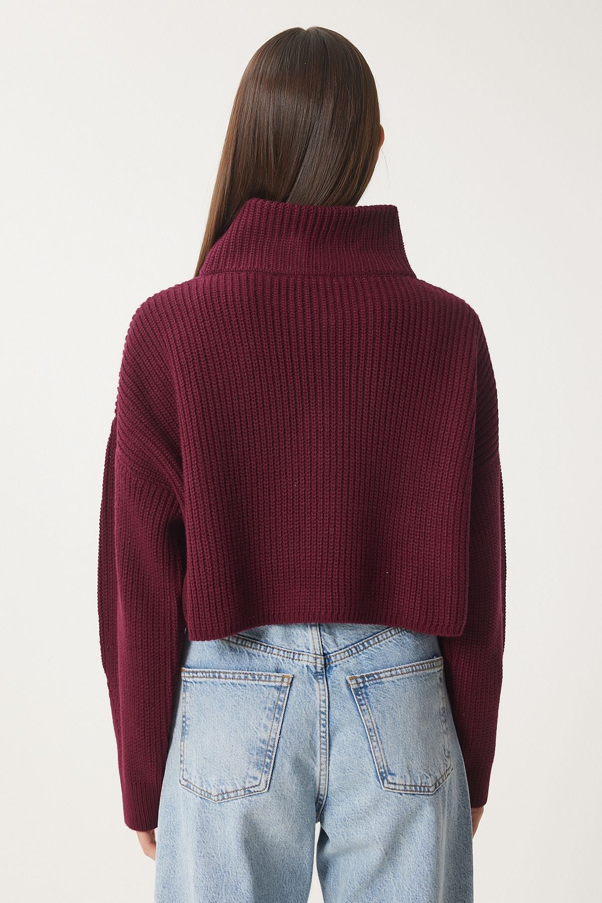 Female Bordeaux Zipper Fisherman Yaka Knitwear Kazakh MX00124