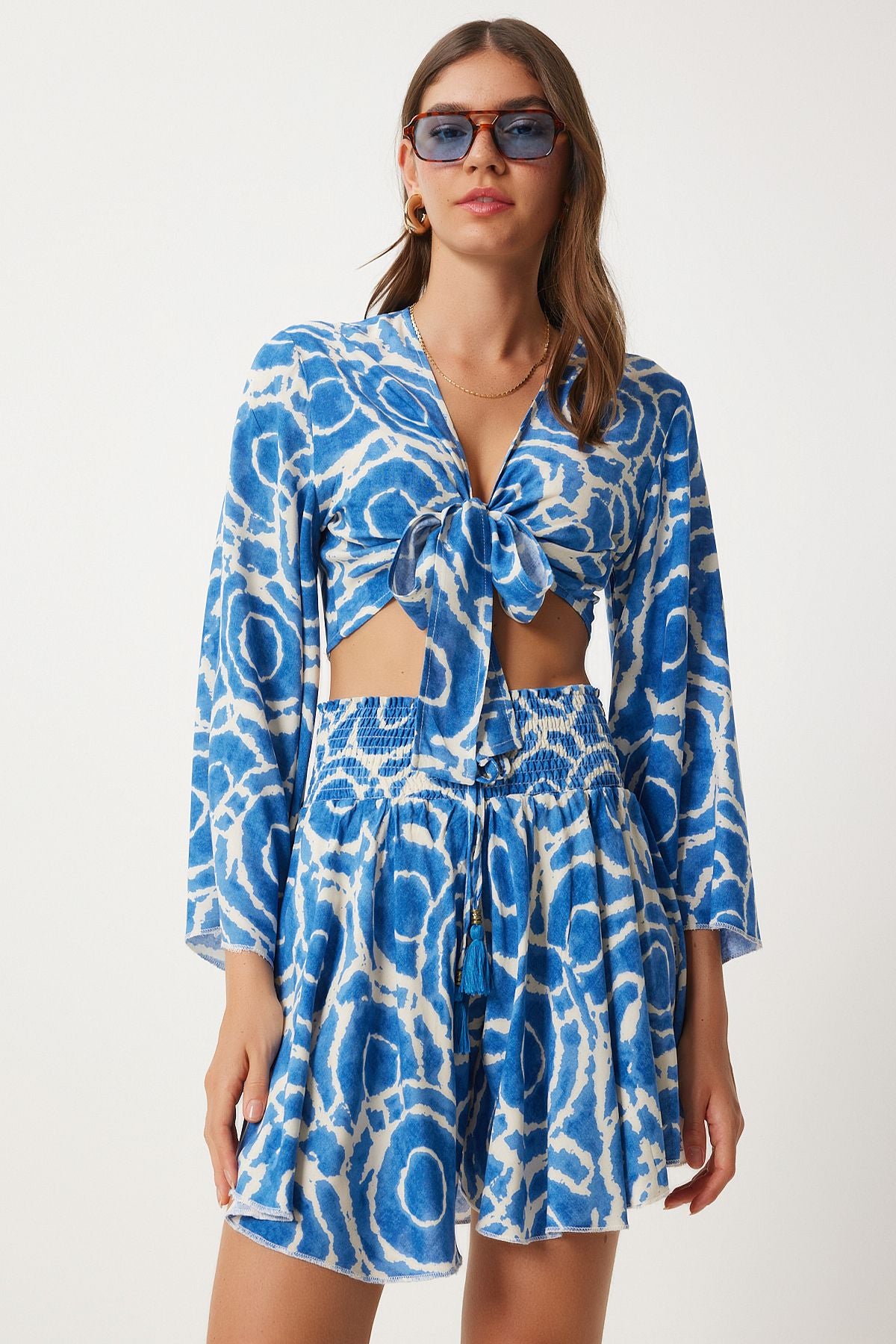 Women's Blue Cream Patterned Blouse Short Set DK00171