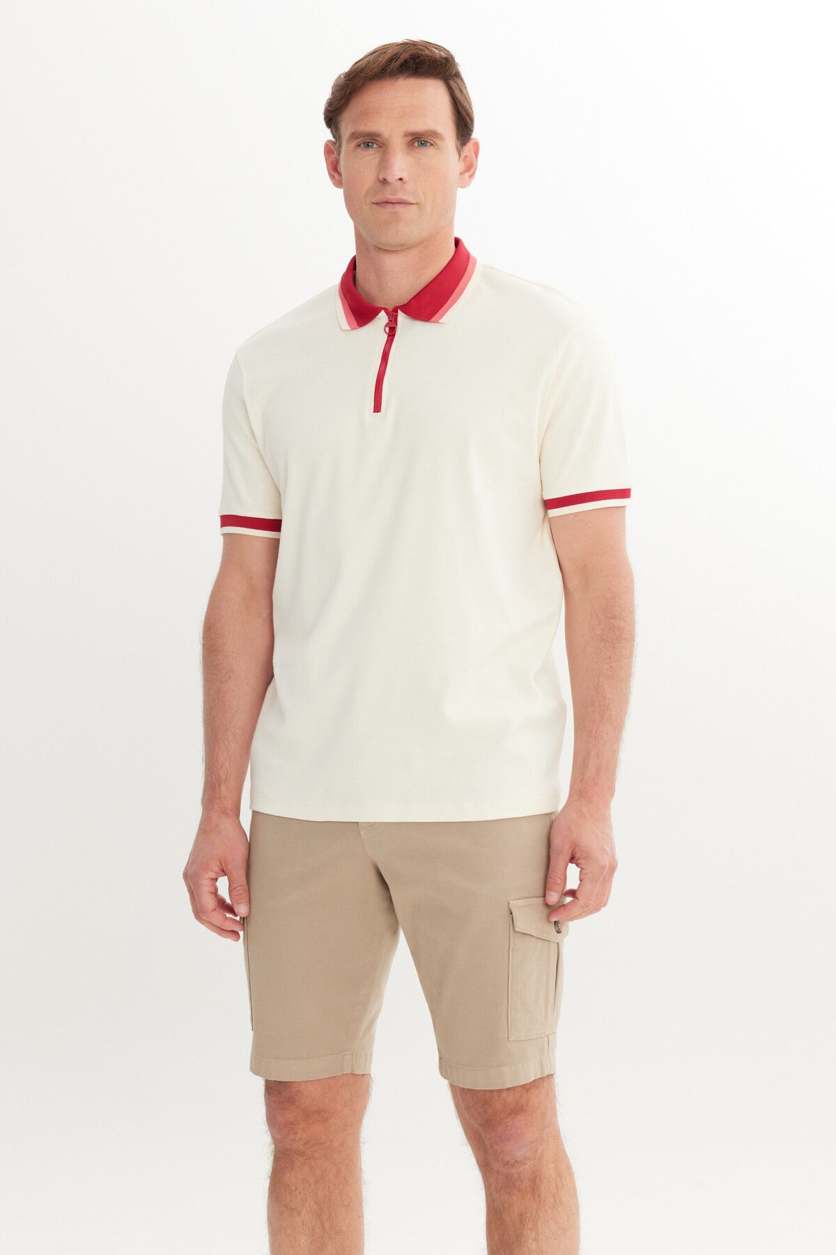 Men's ecru burgundy regular fit comfortable cut Polo Yaka 100 %Cotton T -shirt