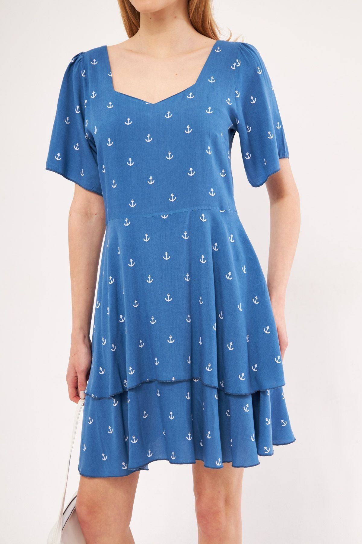 Female Blue Minus Dress Short Sleeve Skirt Floor Zippered Patterned Mini Boy ARM-24Y001026