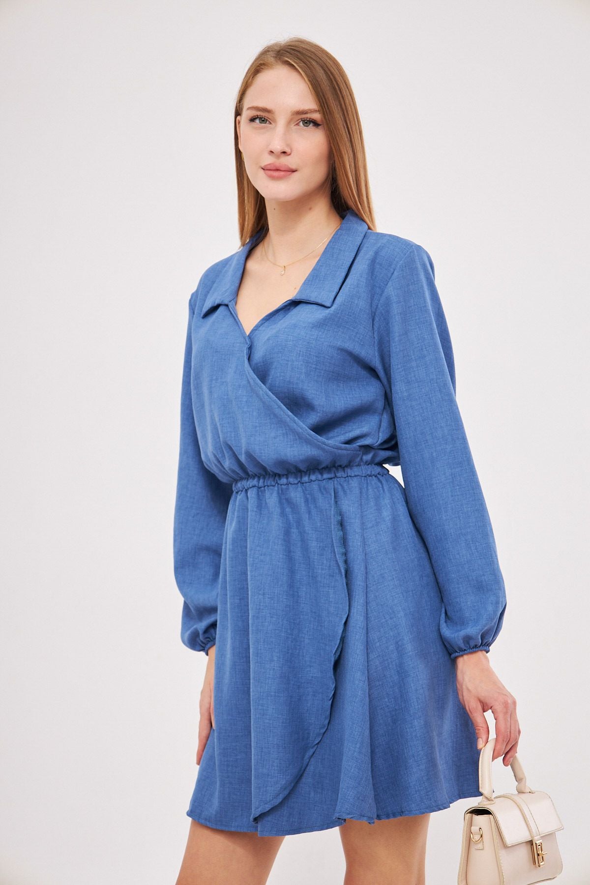 Woman Dark Blue Shirt collar Cruve waist and handle rubber dress with rubber dress ARM-25K001047
